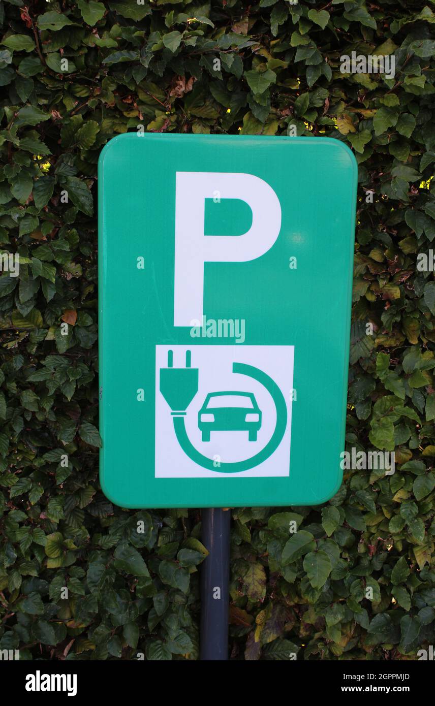 LEBBEKE, BELGIEN, 25. AUGUST 2021: Schild für einen Parkplatz mit einer Ladestation für Elektroautos in Flandern. Vor einem Hintergrund von grünem Laub. Stockfoto