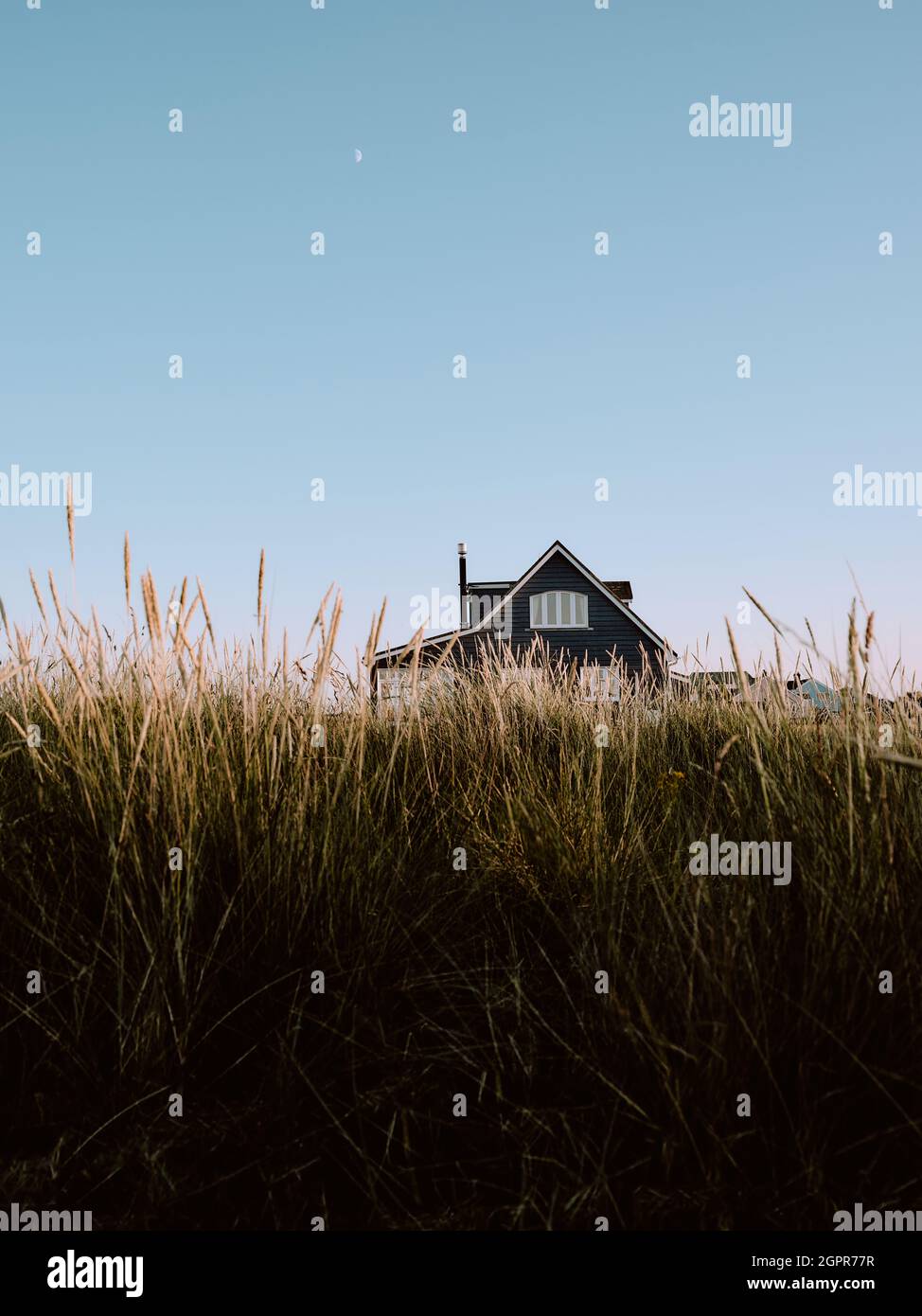 Ein Sommer-Dachhaus aus Holz, halb versteckt in der lang überwucherten Sommerrasen- und Hausgraslandschaft Stockfoto