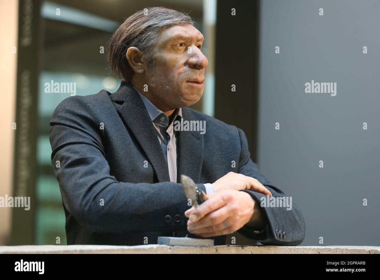 Mettmann, Deutschland. September 2021. Der Neandertaler im Museum Mettmann  ist mit einem grauen Anzug und weißen Sneakern bekleidet und hält ein  Steinmesser in der Hand. Anlass für das neue Outfit ist der