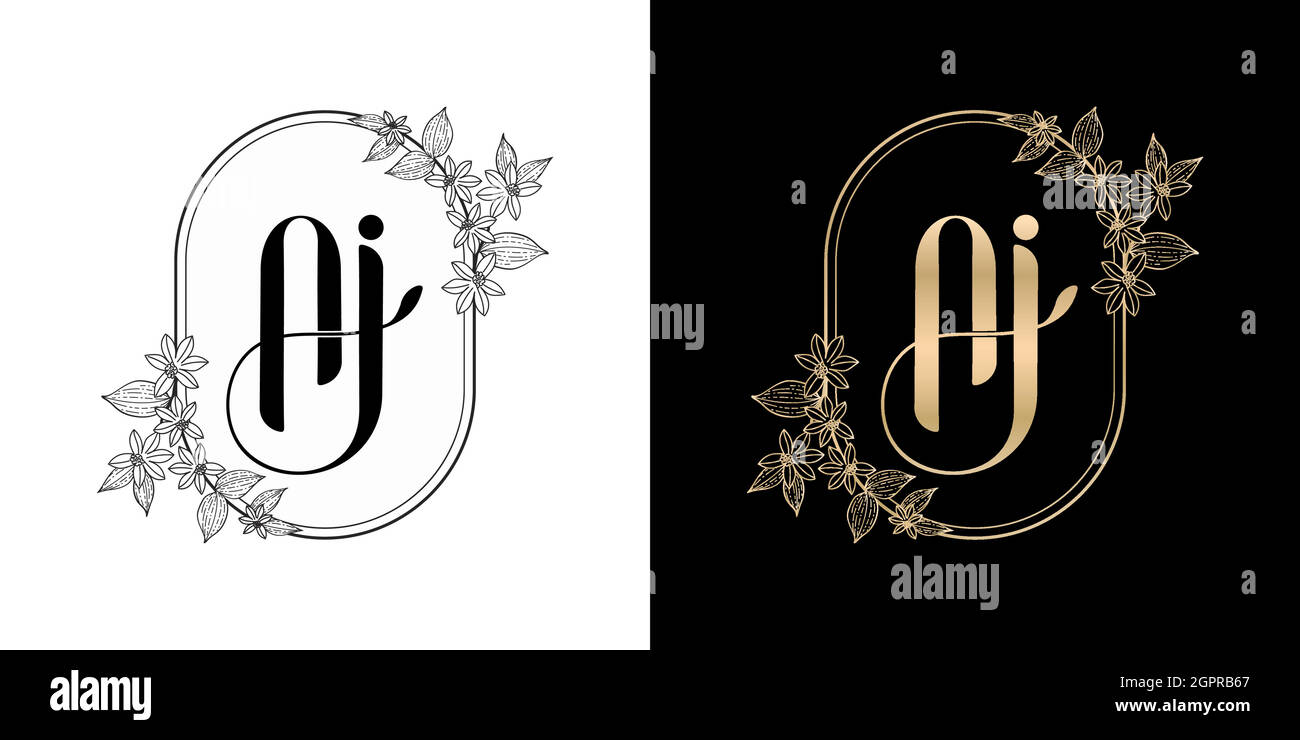 Illustration von floralen Rahmen für AJ oder AI Anfangsbuchstaben und grafischen Namen, Monogram, für Hochzeitspaar symbolisch, Unternehmen und Ikone Geschäft, mit zwei Farben Variation Designs monochrom und Gold. Stock Vektor