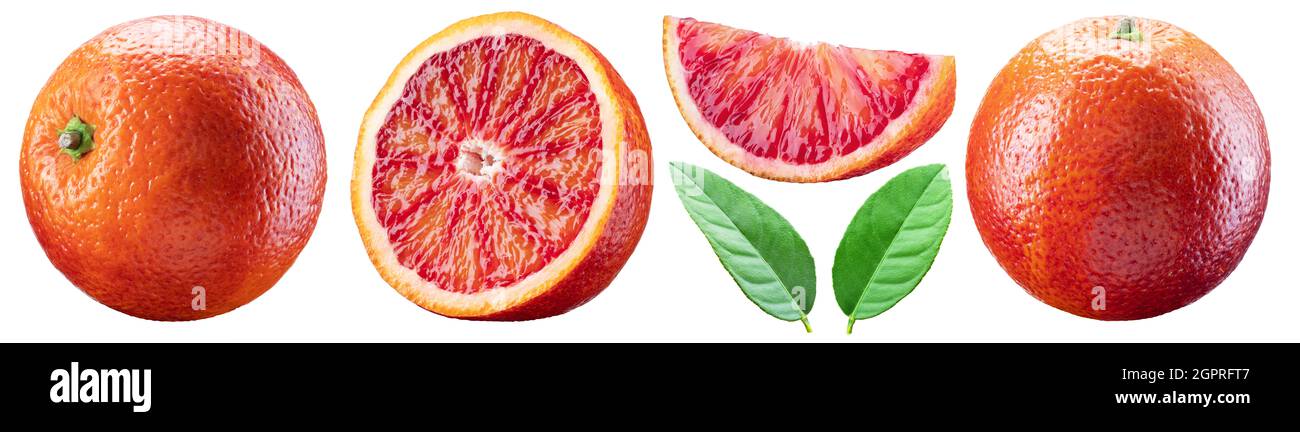 Set aus roten, orangefarbenen Scheiben und orangefarbenen Blättern. Datei enthält Beschneidungspfade. Stockfoto