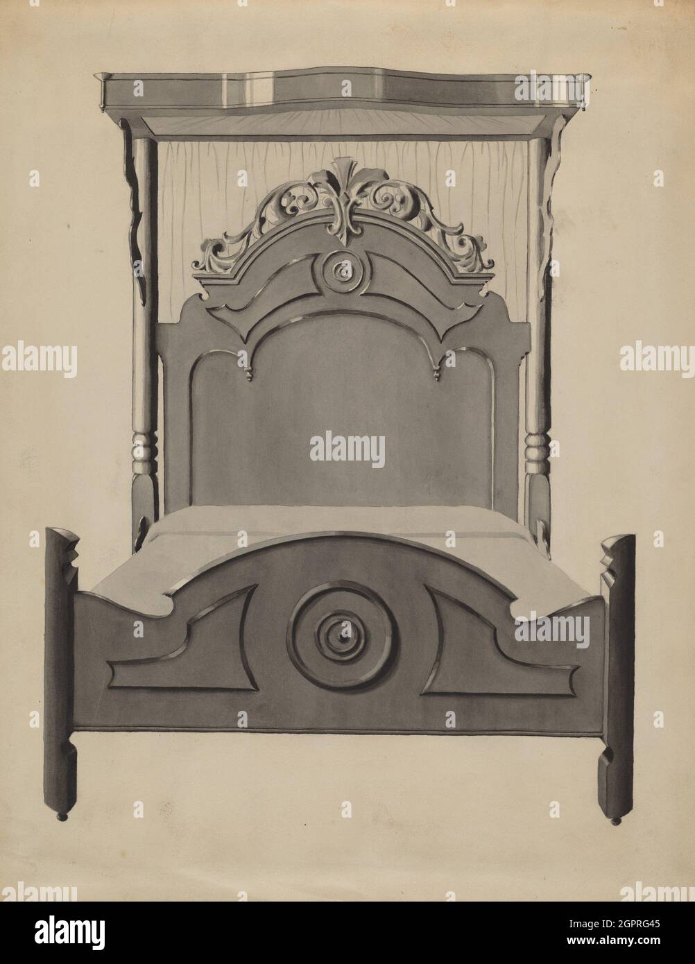 Geschnitztes Bett mit Baldachin, c. 1936. Stockfoto