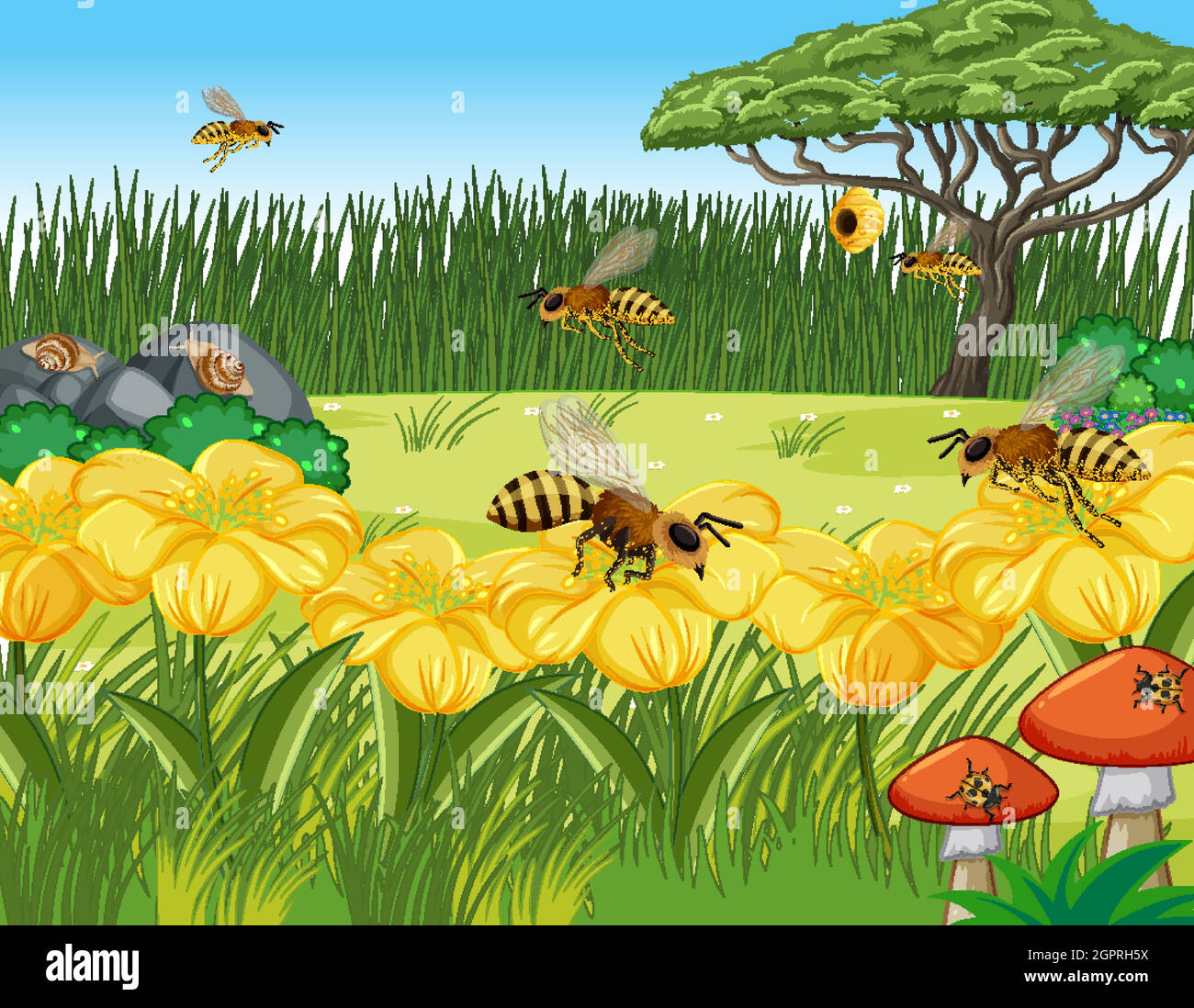 Nahaufnahme Blumen und Blätter Szene mit vielen Bienen Stock Vektor
