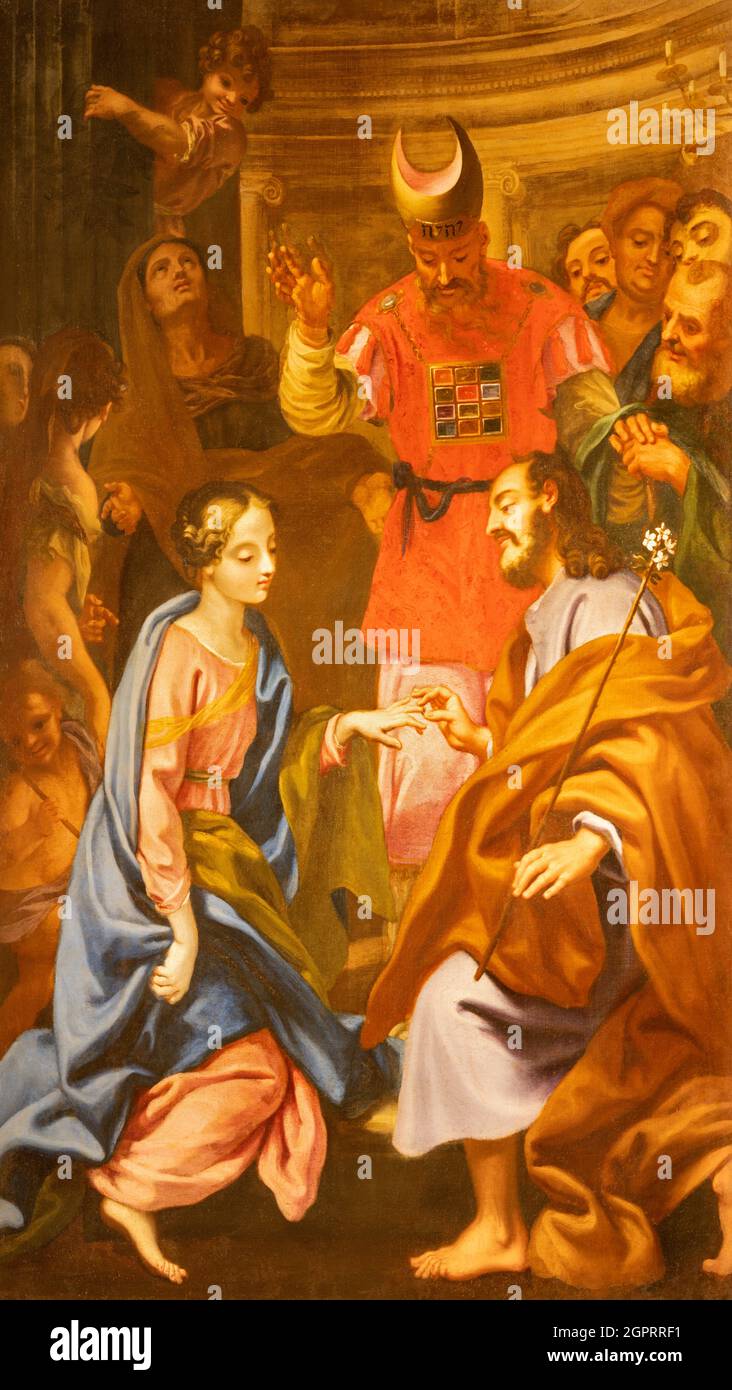 ROM, ITALIEN - 29. AUGUST 2021: Das Gemälde des Bräutigams der Jungfrau Maria und Josephs in der Kirche Chiesa di Santa Maria della Scala Stockfoto