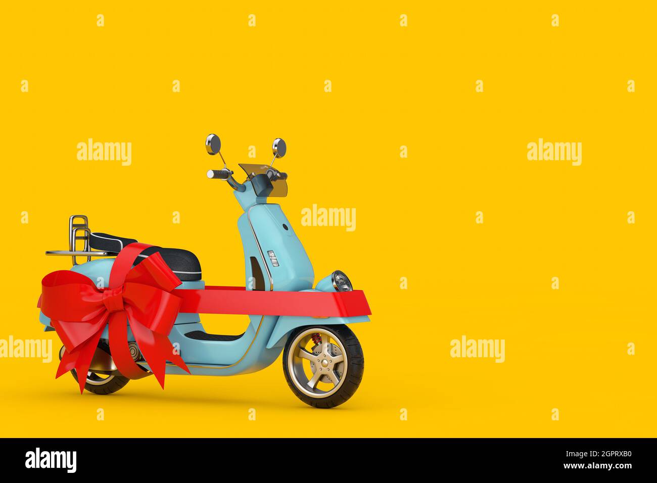 Classic Vintage Retro oder Elektroroller mit rotem Band als Geschenk auf gelbem Hintergrund. 3d-Rendering Stockfoto