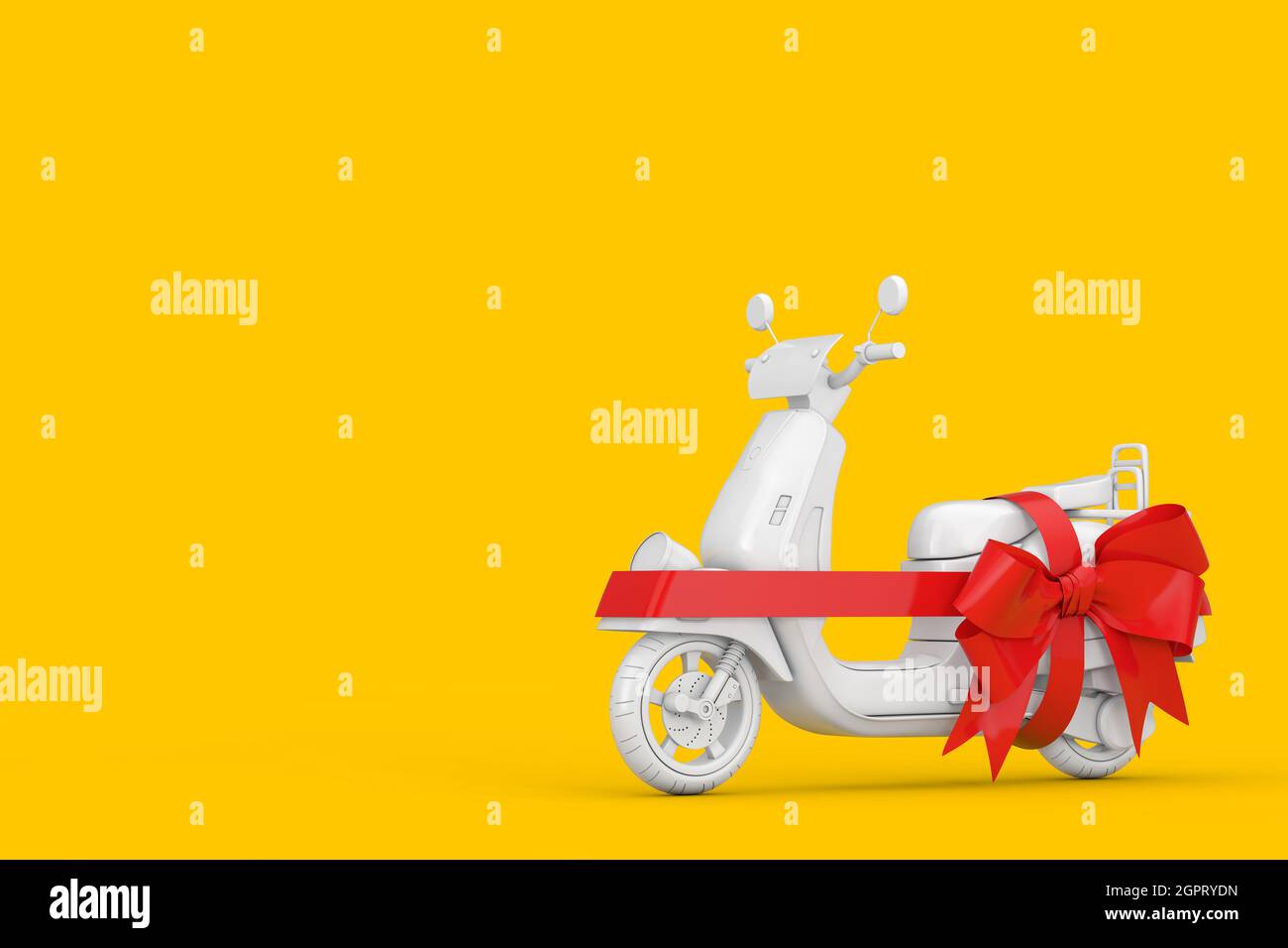 Weißer Classic Vintage Retro oder Elektroroller im Clay Style mit rotem Band als Geschenk auf gelbem Hintergrund. 3d-Rendering Stockfoto