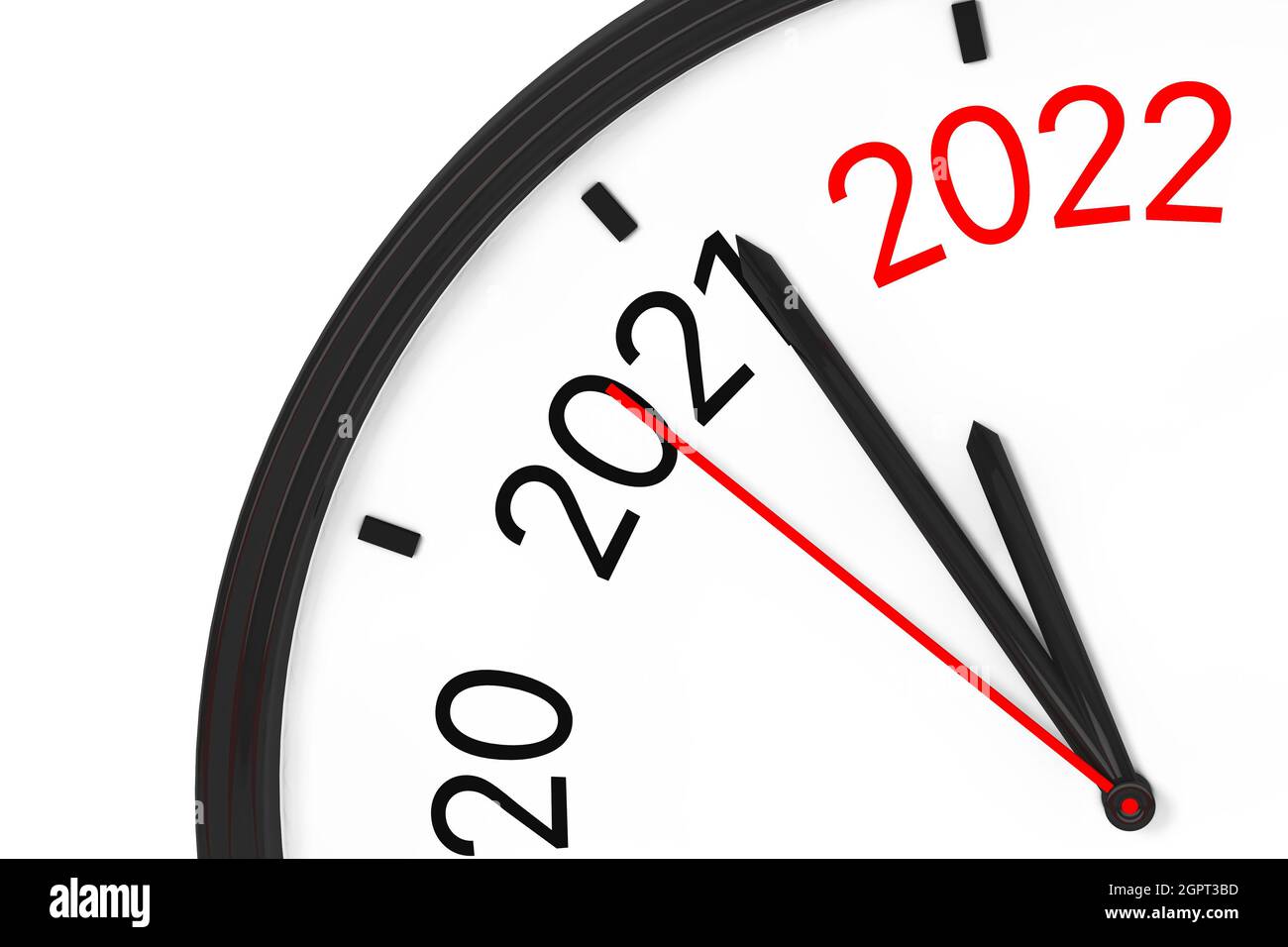 Das Jahr 2022 rückt näher. 2022 Zeichen mit Uhr auf weißem Hintergrund. 3d-Rendering Stockfoto
