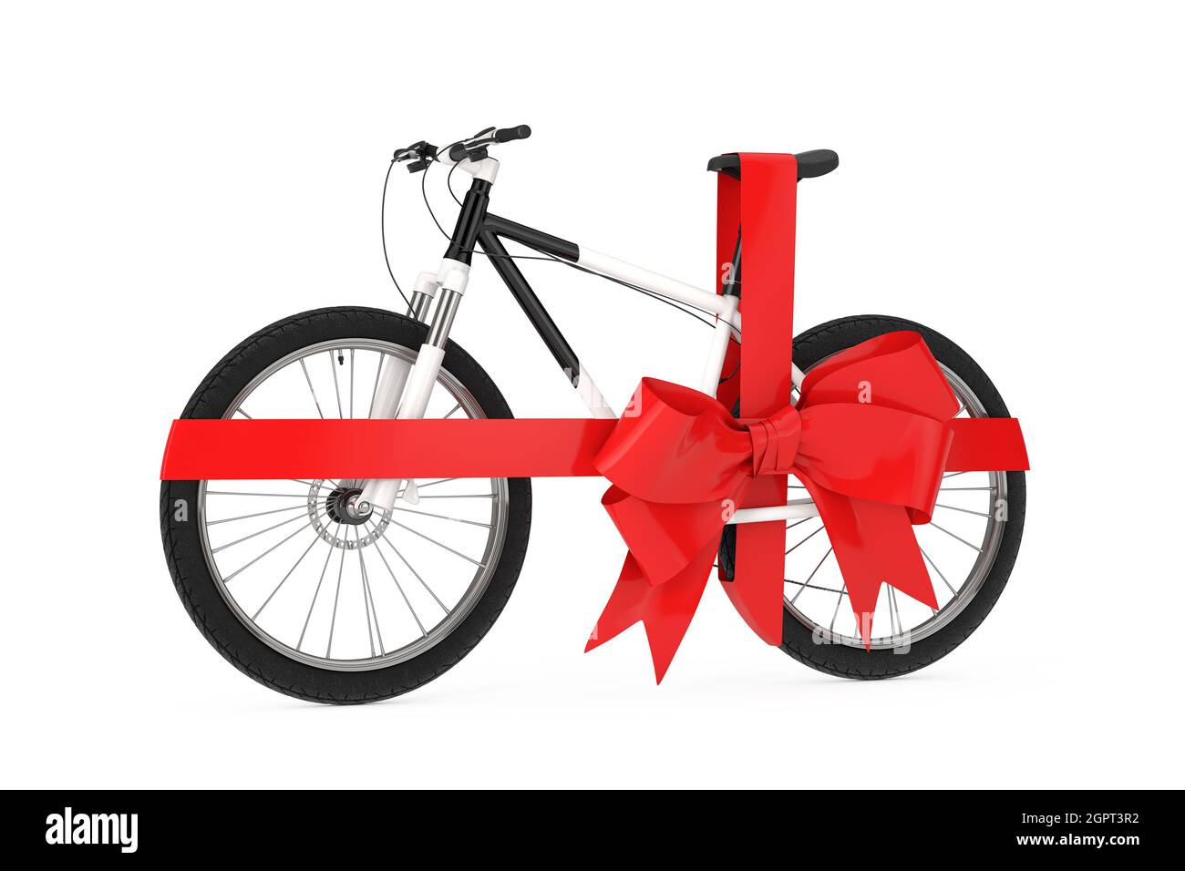 Schwarz-weißes Mountainbike mit rotem Band als Geschenk auf weißem  Hintergrund. 3d-Rendering Stockfotografie - Alamy