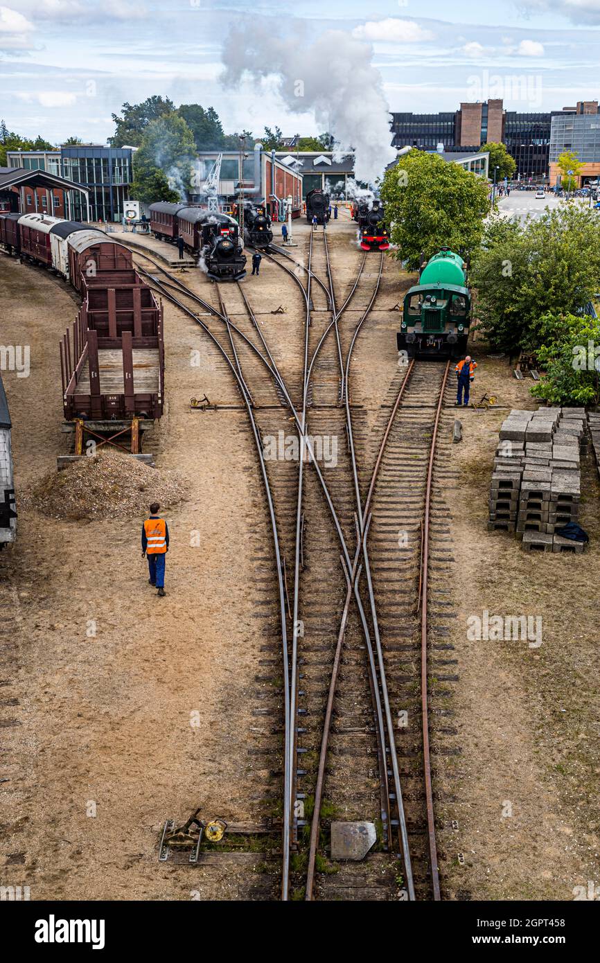 Treffen der Dampflokomotive im Odense Railway Museum (Jernbanemuseum) in Odense, Dänemark. Aufgrund der Verzögerung von Corona um ein Jahr wurde mit der Veranstaltung (Dampdage 2021) vor einem halben Jahrhundert das Ende des dänischen Dampflokomotivbetriebs im Jahr 1970 begangen Stockfoto