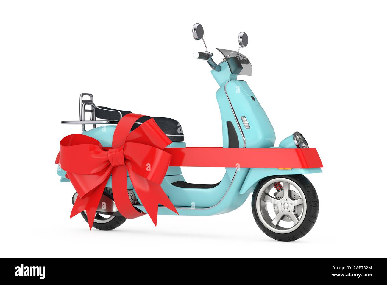 Classic Vintage Retro oder Elektroroller mit rotem Band als Geschenk auf weißem Hintergrund. 3d-Rendering Stockfoto
