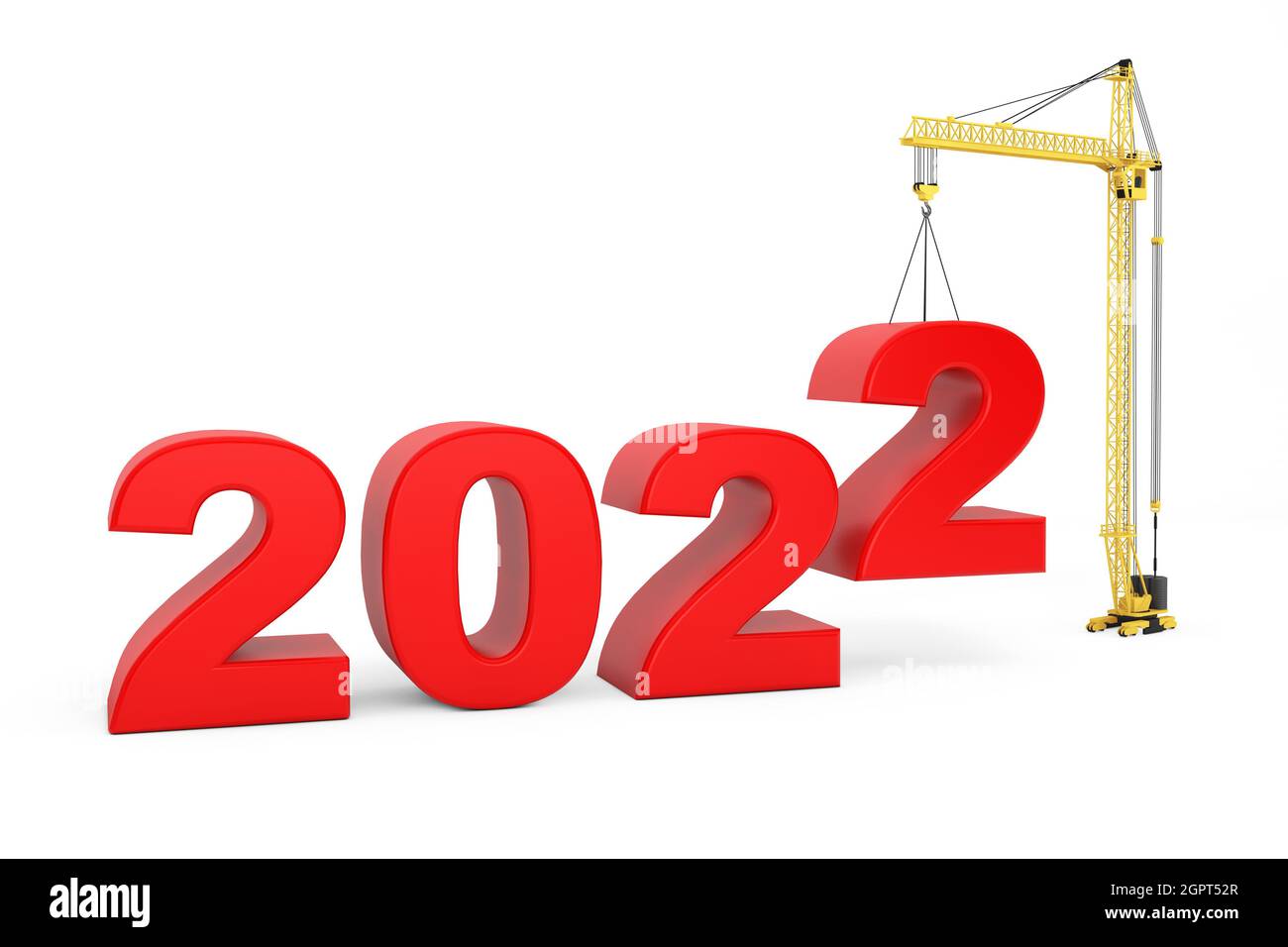 Entwickeln Sie das Zukunftskonzept. Turmdrehkrane mit 2022-Jahres-Zeichen auf weißem Hintergrund. 3d-Rendering Stockfoto