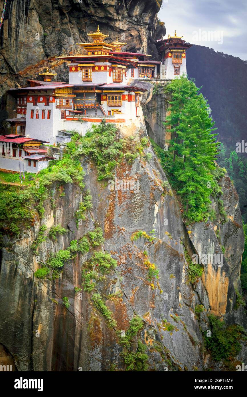 Paro Taktsang, auch als das Tiger's Nest bekannt, ist eine heilige Vajrayana Himalaya-buddhistische Stätte, die sich an der Klippe des Paro-Tals in Bhutan befindet. Stockfoto