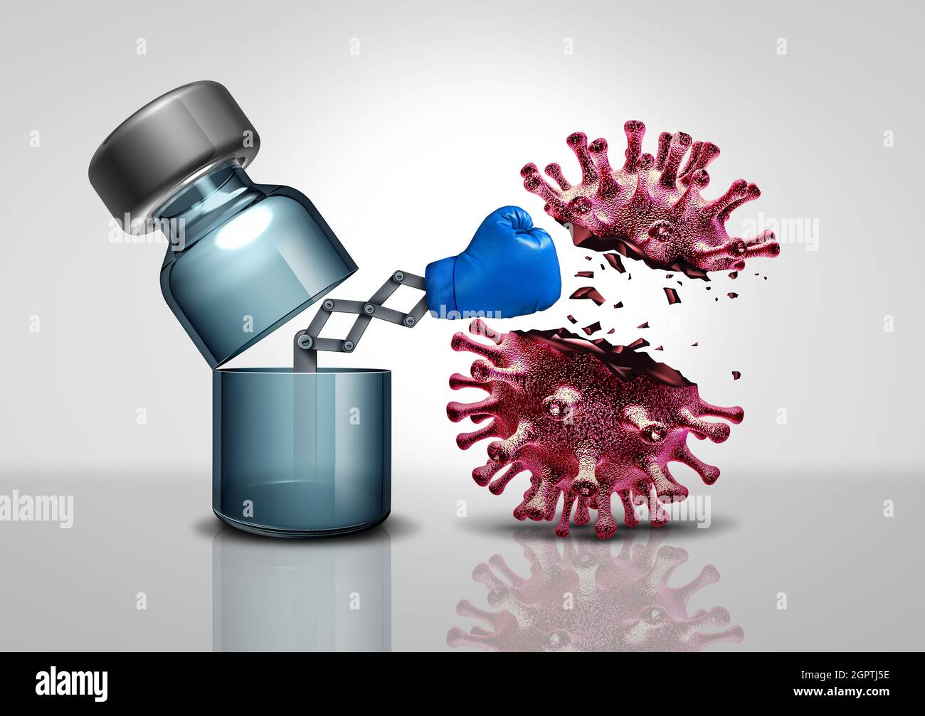 Virusimpfungskonzept und Impfstoff gegen Grippe oder Coronavirus medizinischer Kampf Krankheitskontrolle als Fläschchen Flasche Medikamente gegen eine ansteckende. Stockfoto