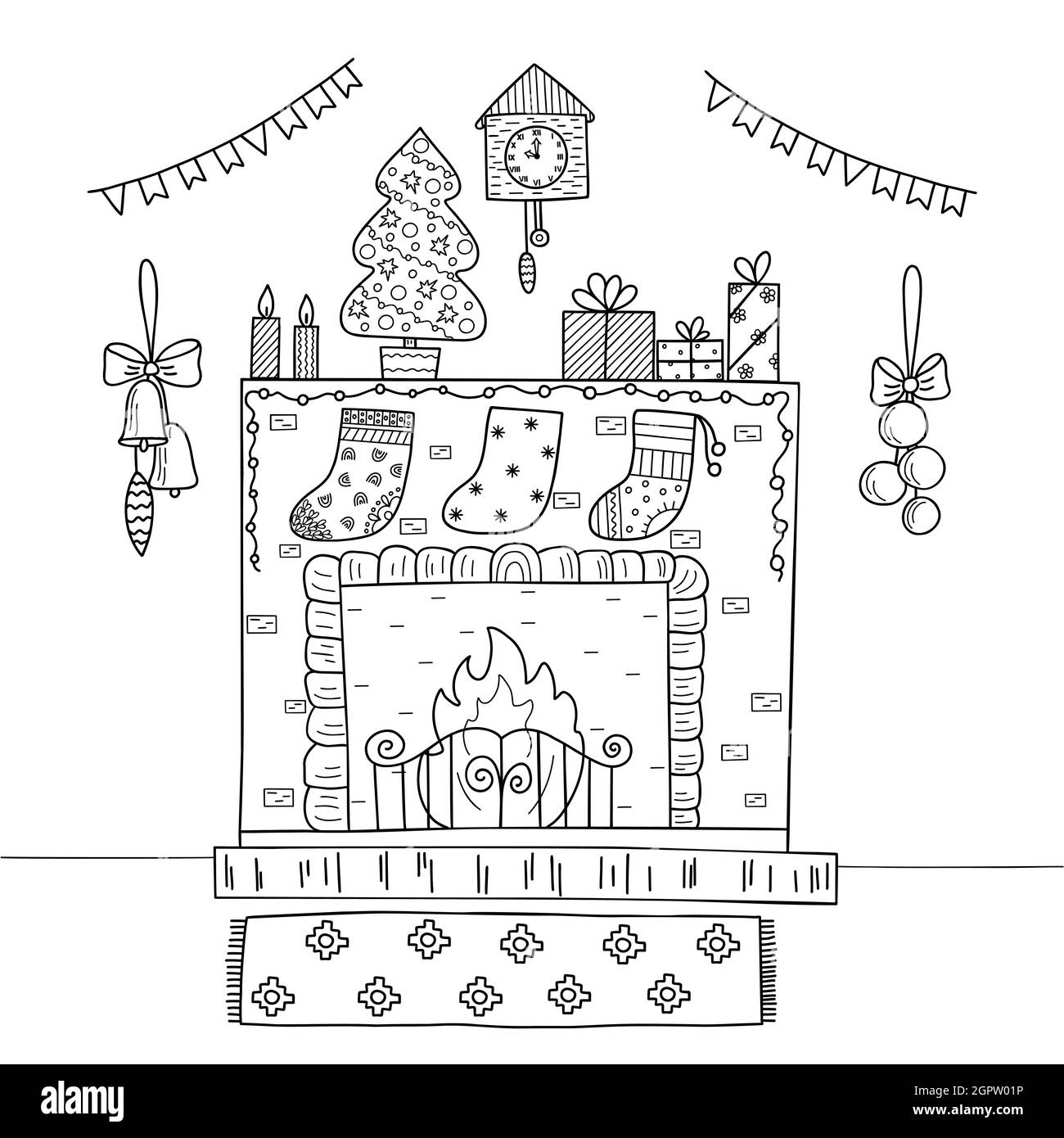 Weihnachtliche festliche Szene von dekorierten Kamin, Girlande, Kerzen, Tannenbaum, Geschenke, bunting, Malseite, Grußkarte, Familientreffen Winterurlaub Dekor, Winterzeit fröhliche Zeit Feier Stock Vektor