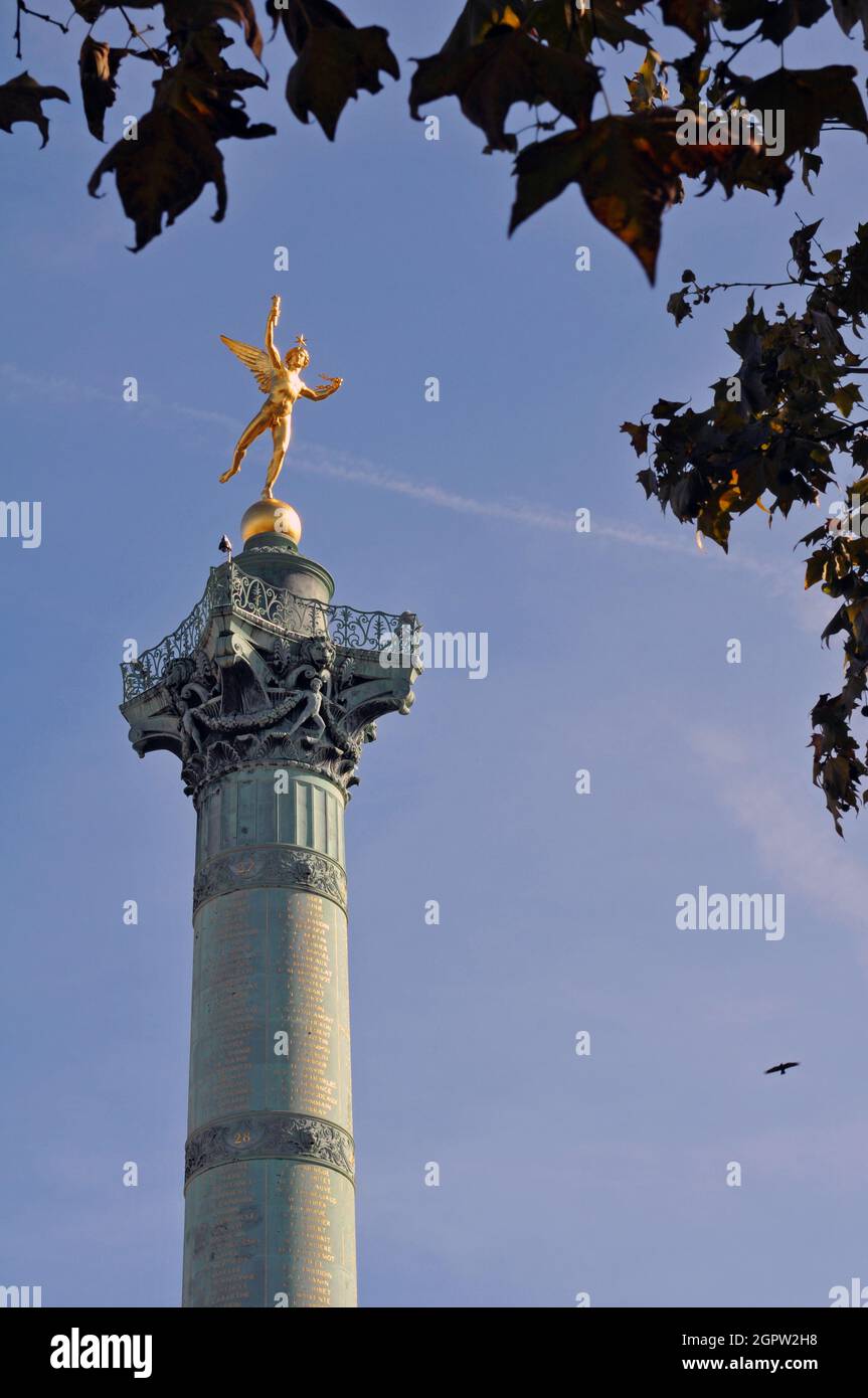 Die Colonne de Juillet (Julisäule) auf dem Pariser Place de la Bastille wird von Auguste Dumonts Skulptur Génie de la Liberté (Spirit of Freedom) gekrönt. Stockfoto