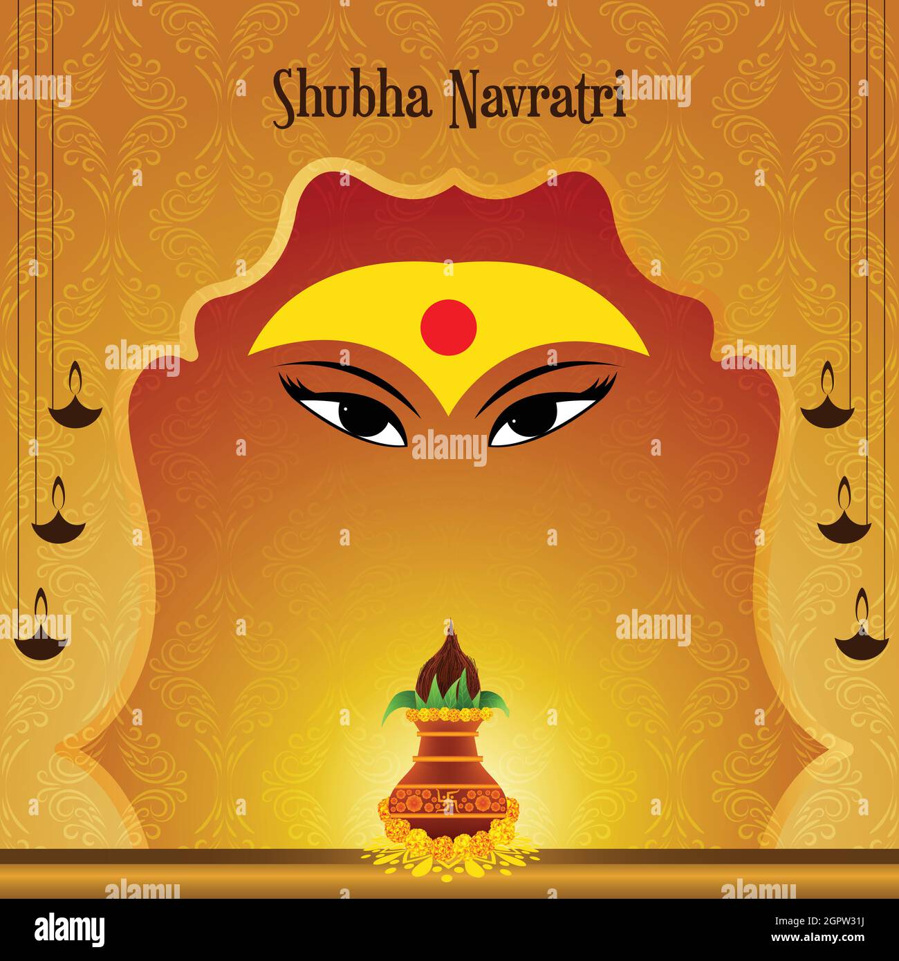 Illustration von Shubh Navratri mit Gott und Kalash Hintergrund. Texturhintergrund. Stock Vektor