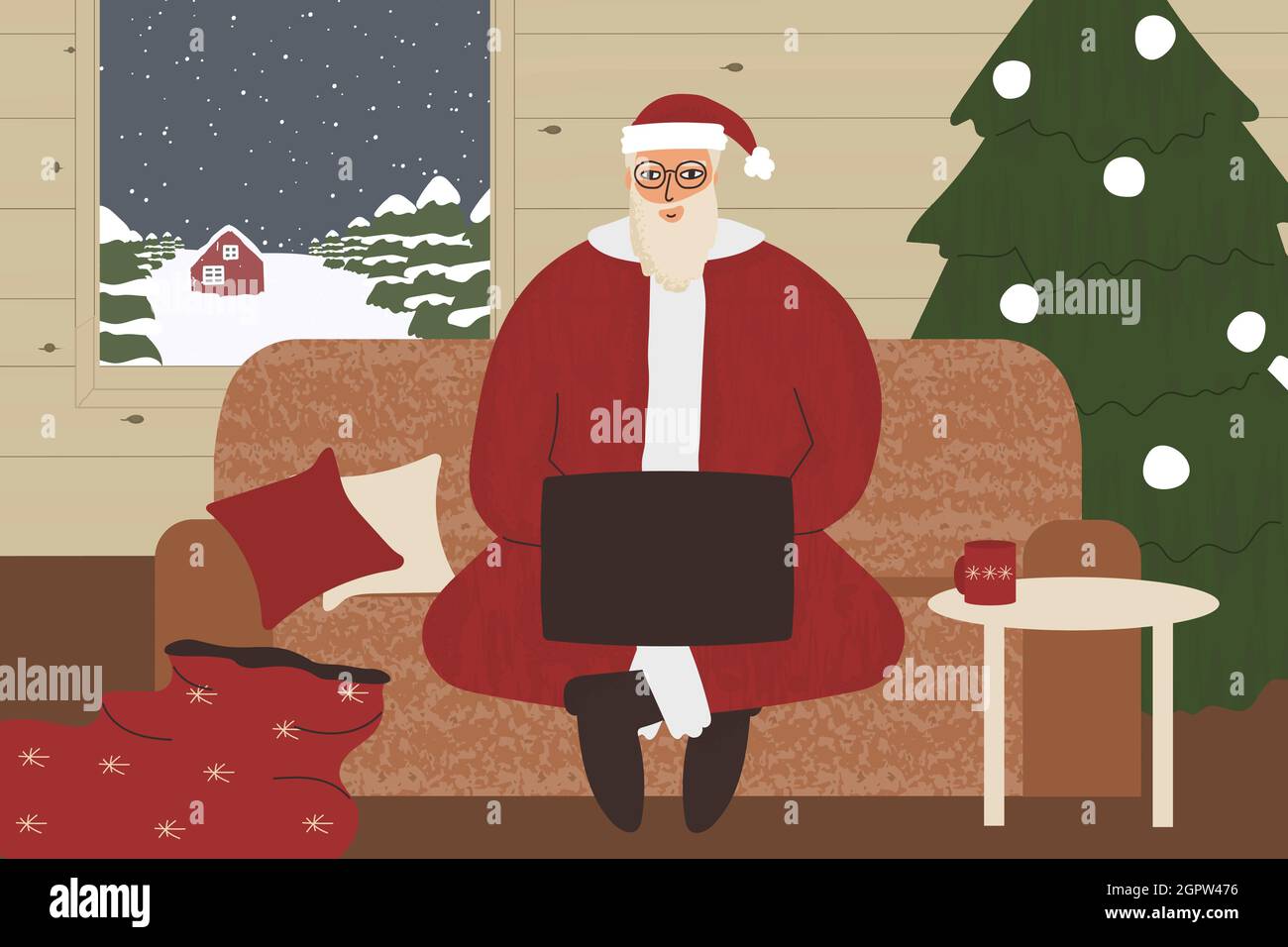 Santa Clause sitzt auf dem Sofa mit Laptop im Holzhaus. Online-Videokonferenz mit Familien und Kindern zur Weihnachtszeit. Vektorgrafik Stock Vektor