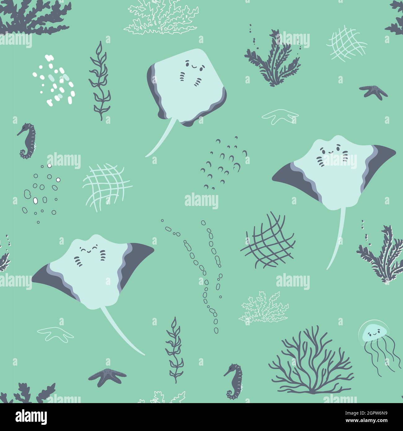 Cartoon niedlich Stachelrochen, Korallen, Algen, Seepferd, Blasen nahtloses Muster. Vektor Meer Ozean Unterwasser Illustration, grüner Hintergrund Stock Vektor