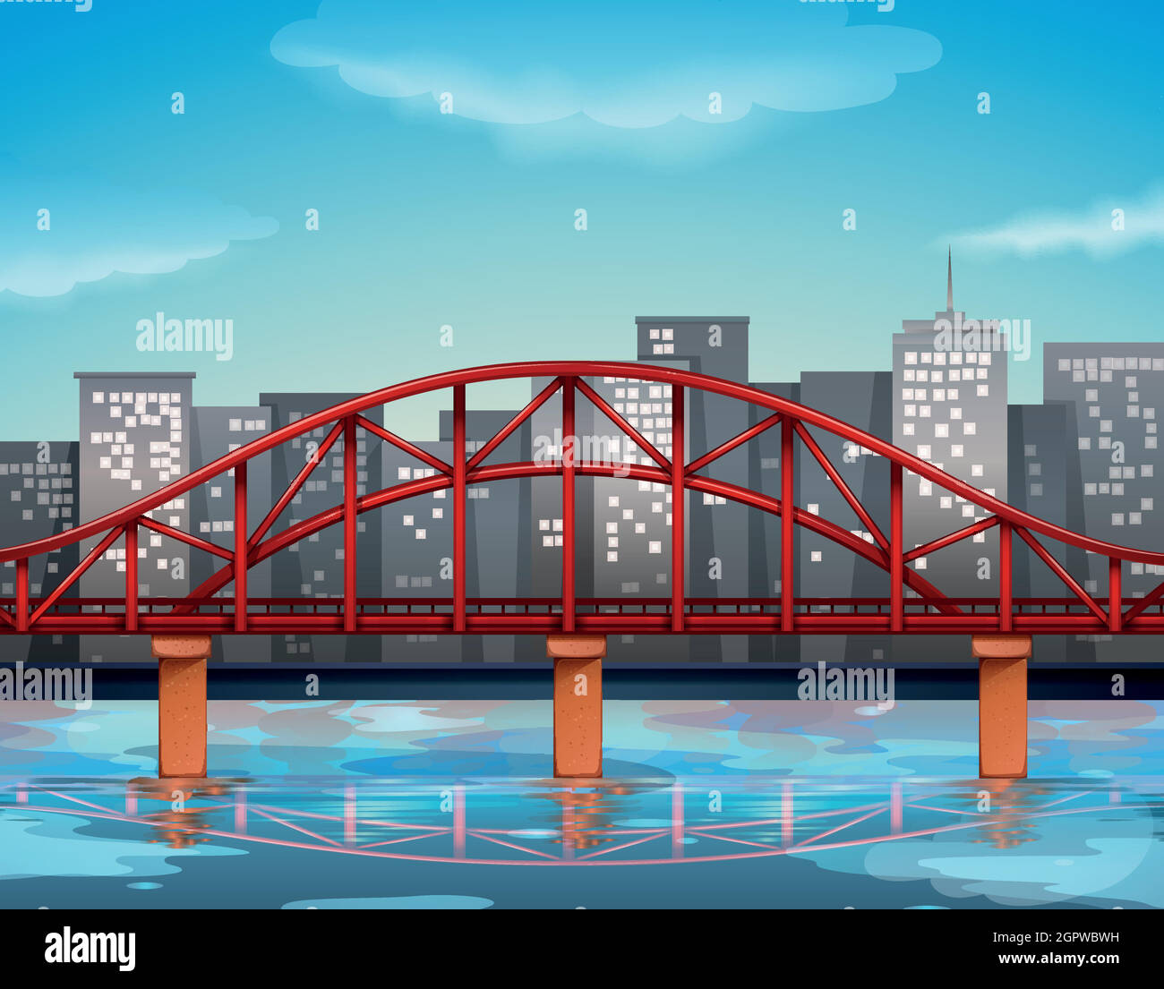 Blick auf die Stadt mit Brücke über den Fluss Stock Vektor