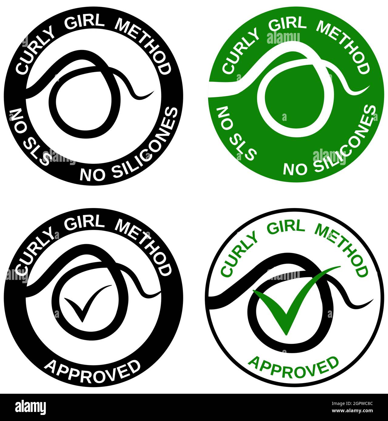 Symbol-Set mit Curly Girl Method (CGM)-Zulassung. Keine sls und Silikone-Symbole für Haarpflegebehandlung isoliert auf Weiß. Stock Vektor