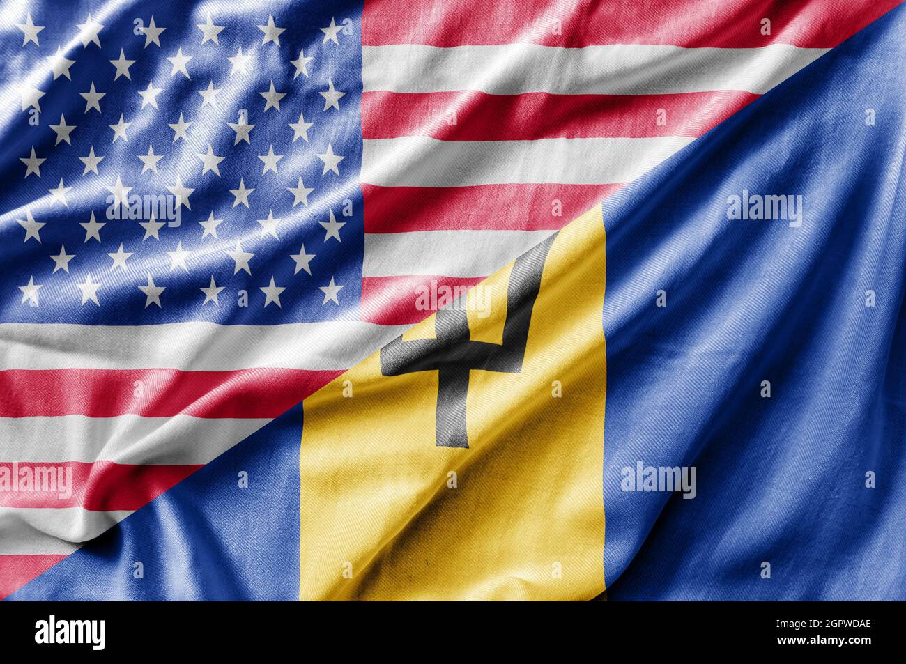 Gemischte Flagge der USA und Barbados, dreidimensionale Darstellung Stockfoto