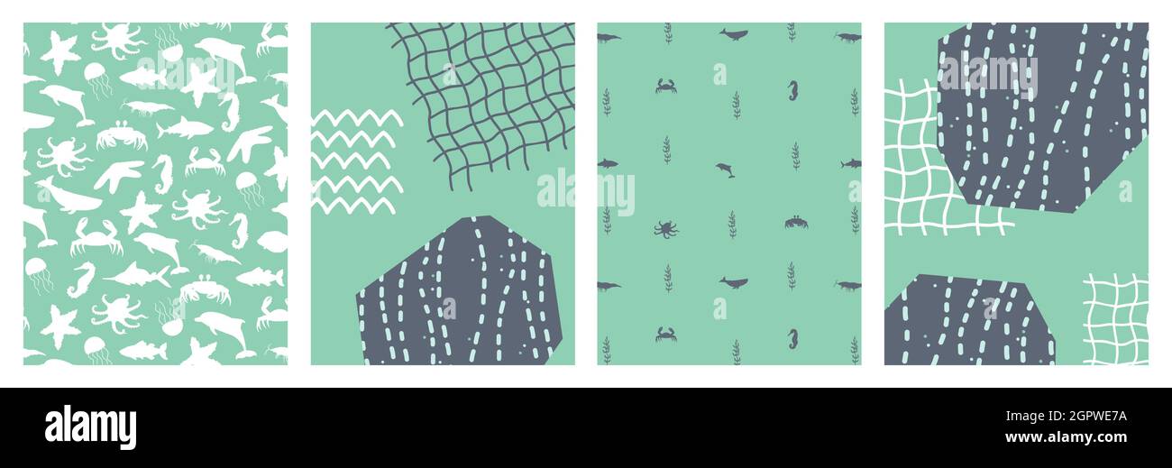 Set von abstrakten Meer Poster mit Cartoon Silhouette Fisch, Kraken, Krabben, Stachelrochen, Wal, Seesterne, Algen, Wasserpflanzen. Vektorgrafik b Stock Vektor