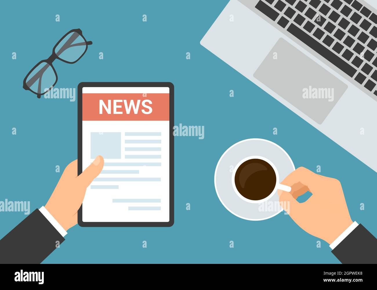 Flache Ansicht von oben auf den Büroarbeitsplatz. Hände des Managers halten Tablet mit Zeitung, Tasse Kaffee und Laptop - Vektor Stock Vektor
