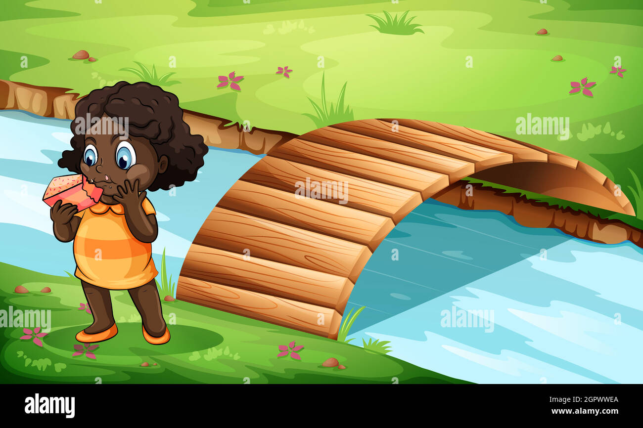 Ein schwarzes kleines Mädchen in der Nähe der Brücke Stock Vektor
