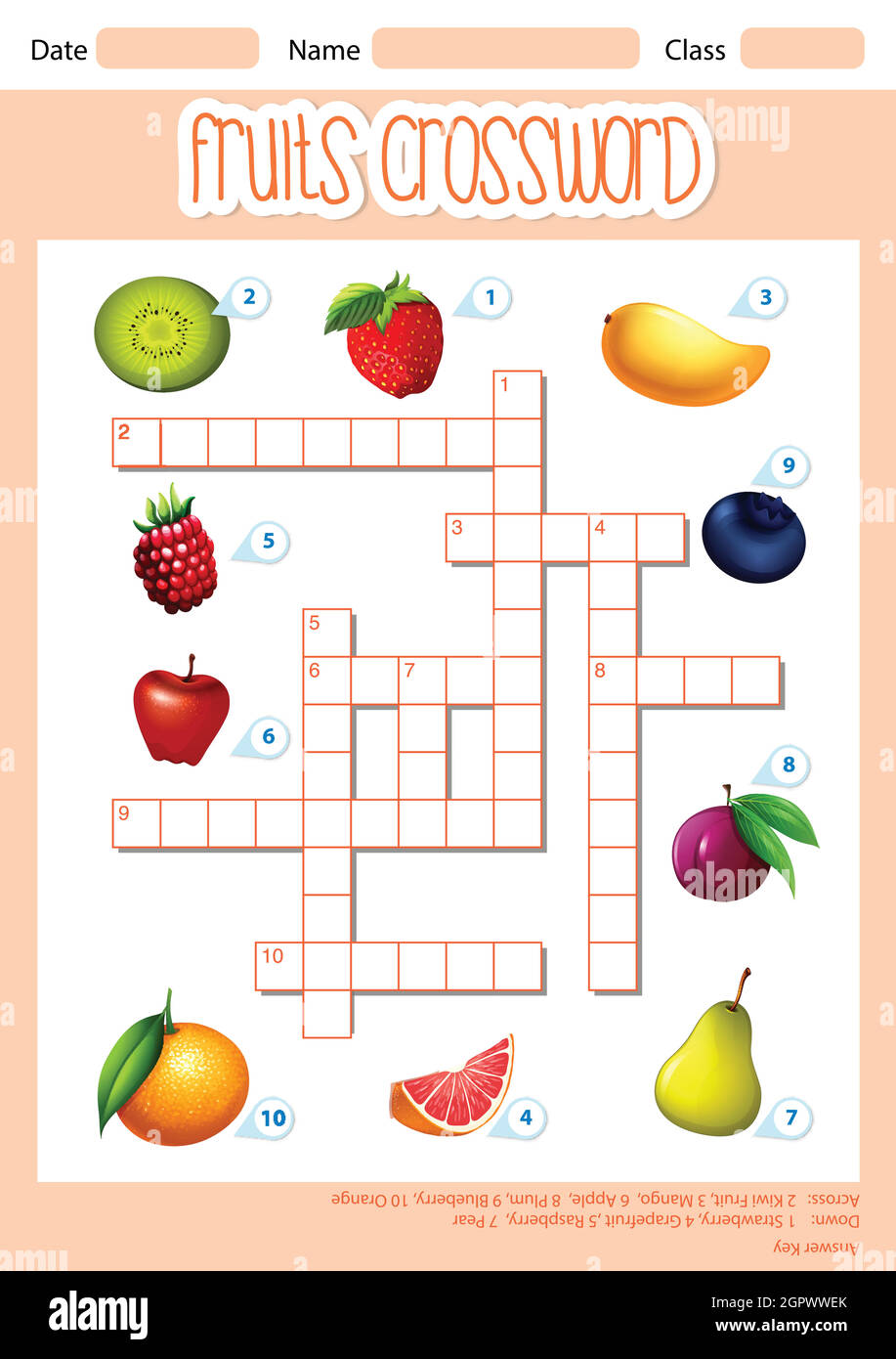 Eine Kreuzworträtsel-Vorlage für Früchte Stock Vektor
