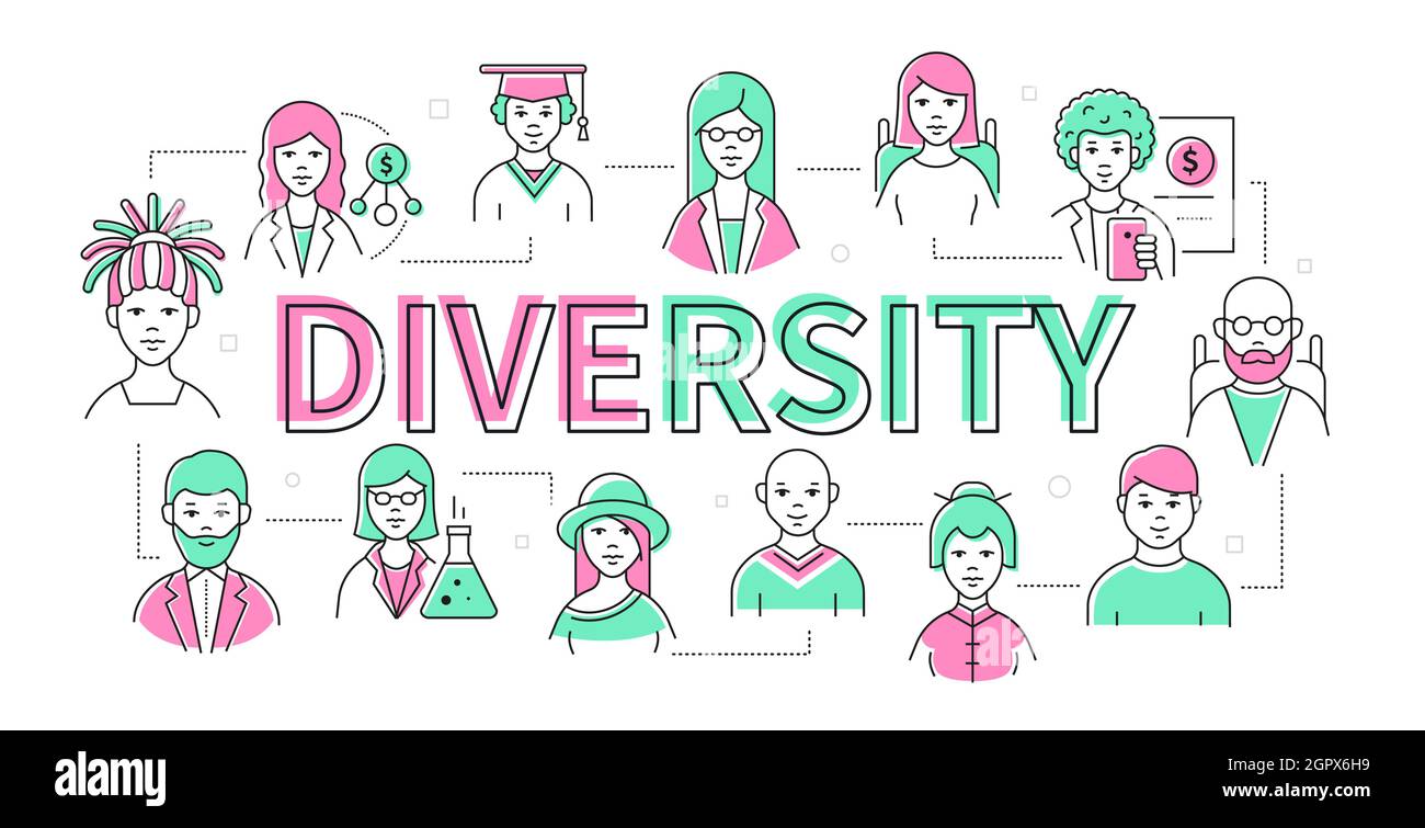 Vielfalt - Linie Design Stil moderne Banner. Viele Gesichter von Frauen und Männern, alle Altersgruppen, verschiedene Nationalitäten. Junge, alte Menschen, Wissenschaftler, Stock Vektor