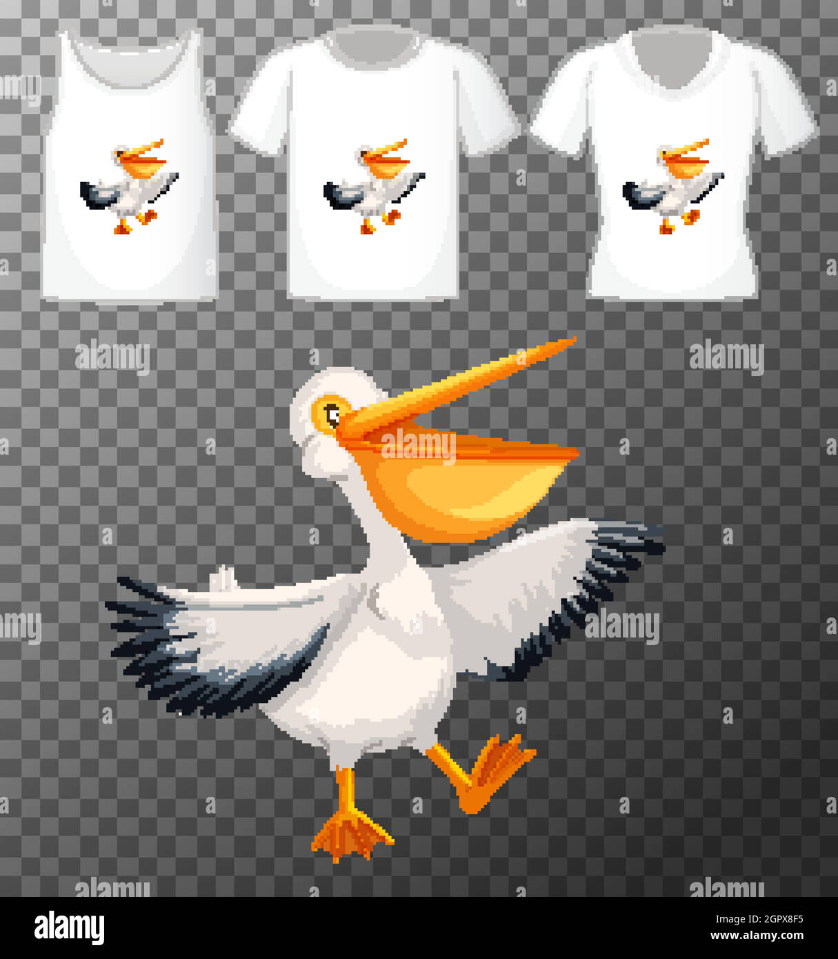 Set von verschiedenen Hemden mit braunen pelikanischen Zeichentrickfigur isoliert auf transparentem Hintergrund Stock Vektor