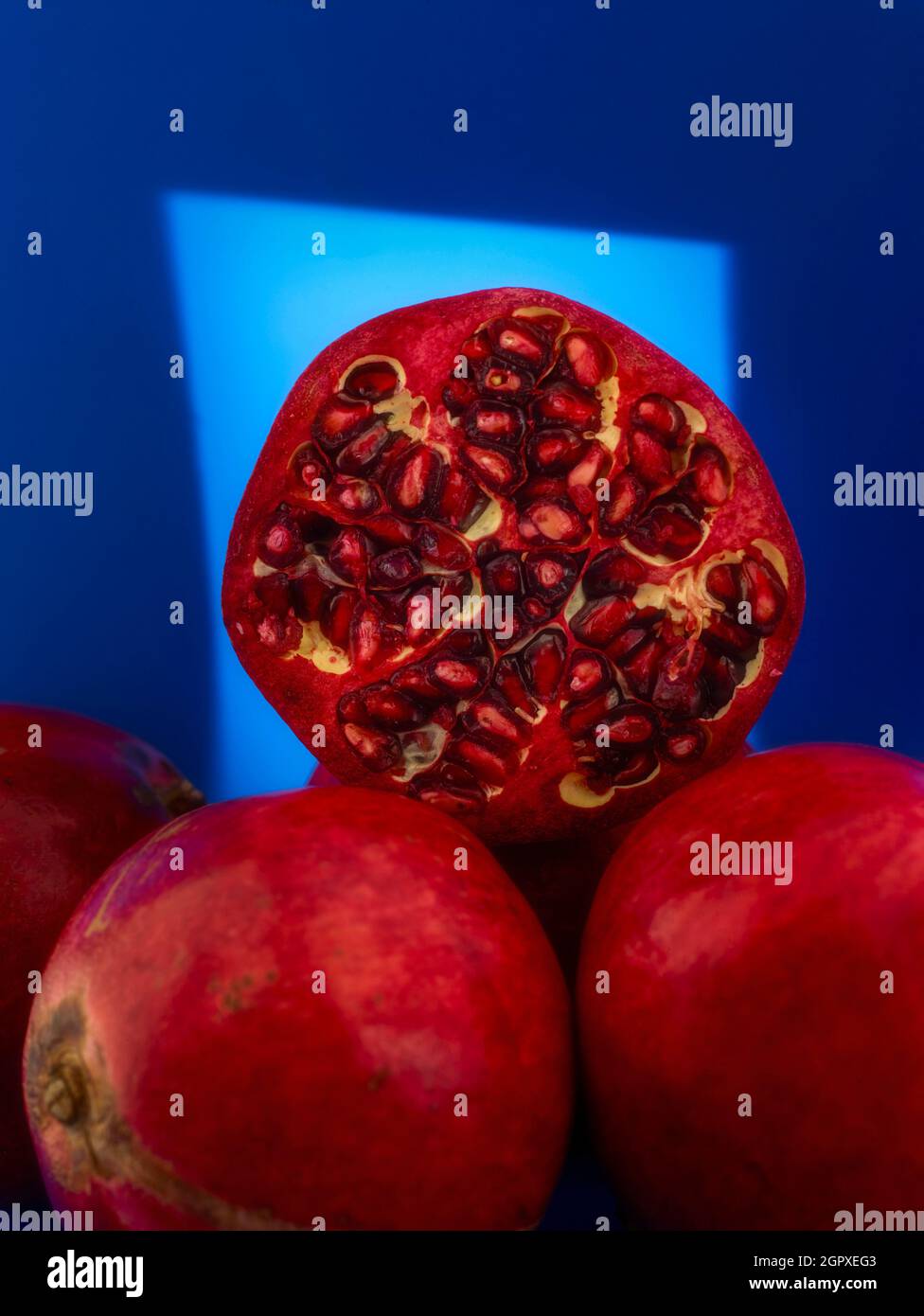 Granatapfel (Punica granatum), Fruchtstillleben vor farbigem Hintergrund Stockfoto