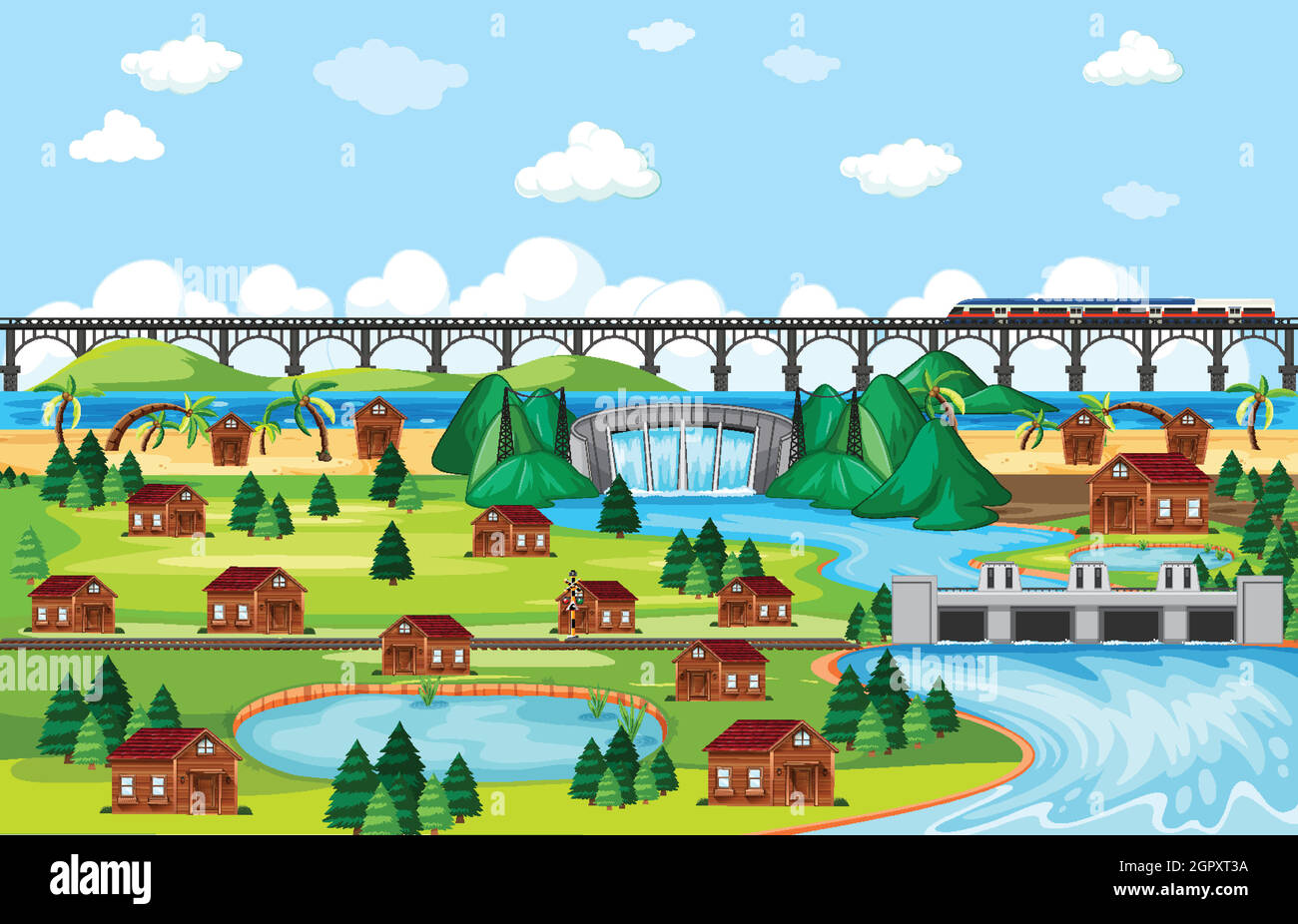 Stadt oder Stadt und Brücke Zug Landschaft Szene in Cartoon-Stil Stock Vektor