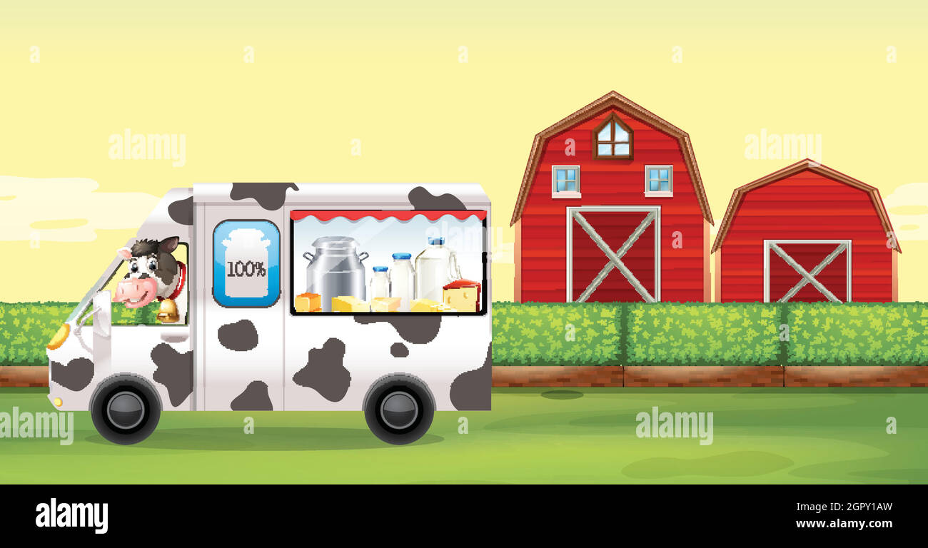 Kuh fährt Milchwagen auf dem Bauernhof Stock Vektor