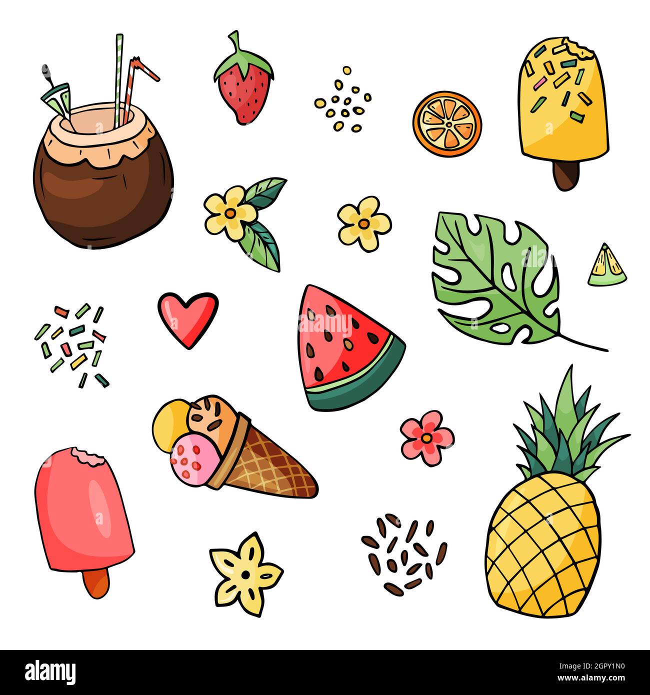 Sommer Set Ananas, Wassermelone in Scheiben schneiden, Eis Stock Vektor