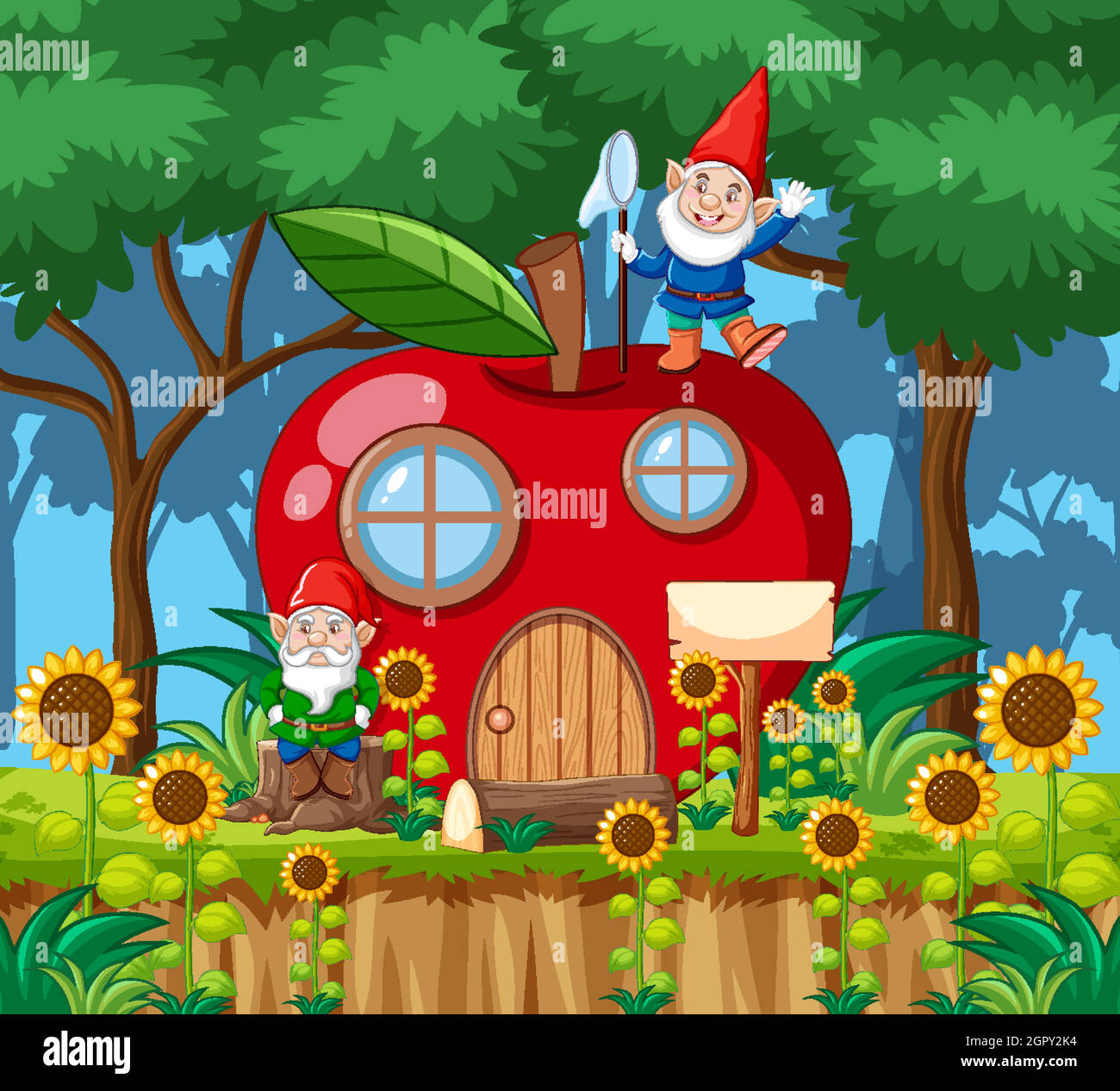 Gnome und rote Apfelhaus Cartoon-Stil auf Wald Hintergrund Stock Vektor