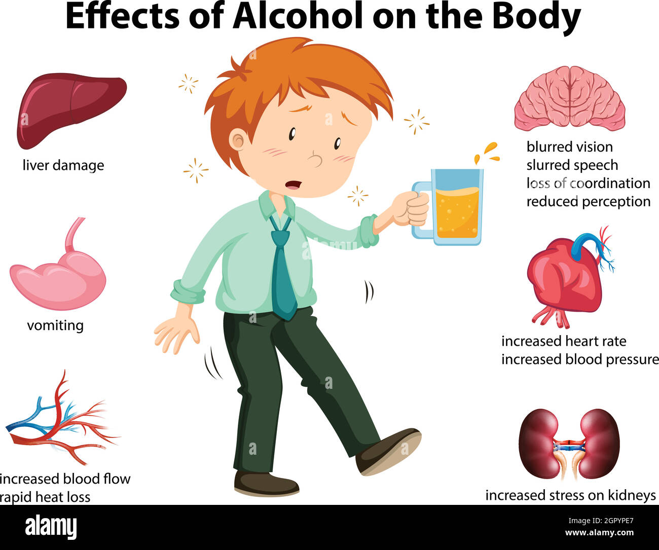 Auswirkungen von Alkohol auf den Körper Stock Vektor