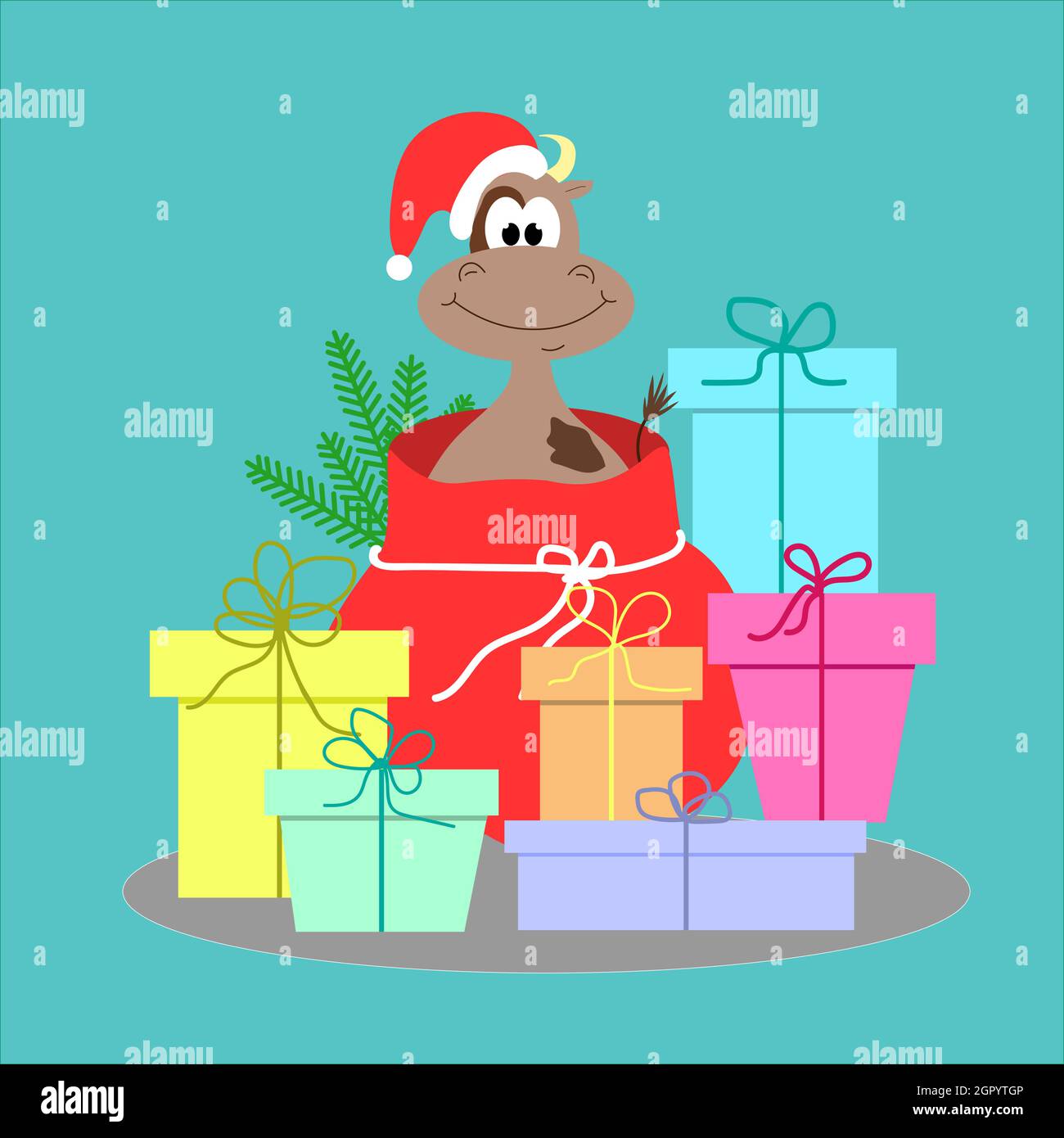 Weihnachtsbulle in einer Tasche mit Geschenken. Stock Vektor
