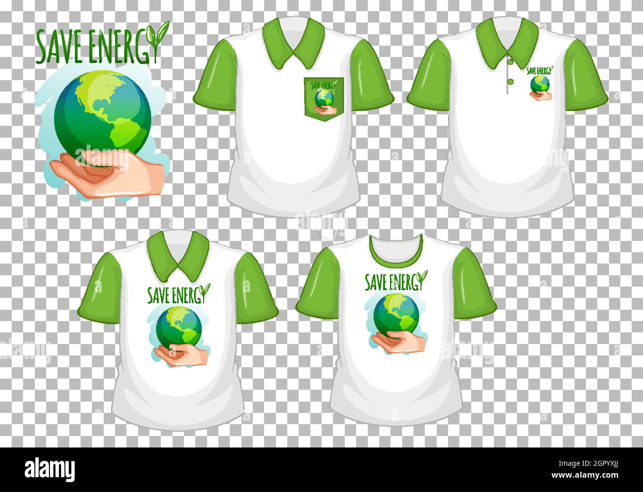 Save Energy Logo und Set aus weißem Hemd mit grünen kurzen Ärmeln isoliert auf transparentem Hintergrund Stock Vektor