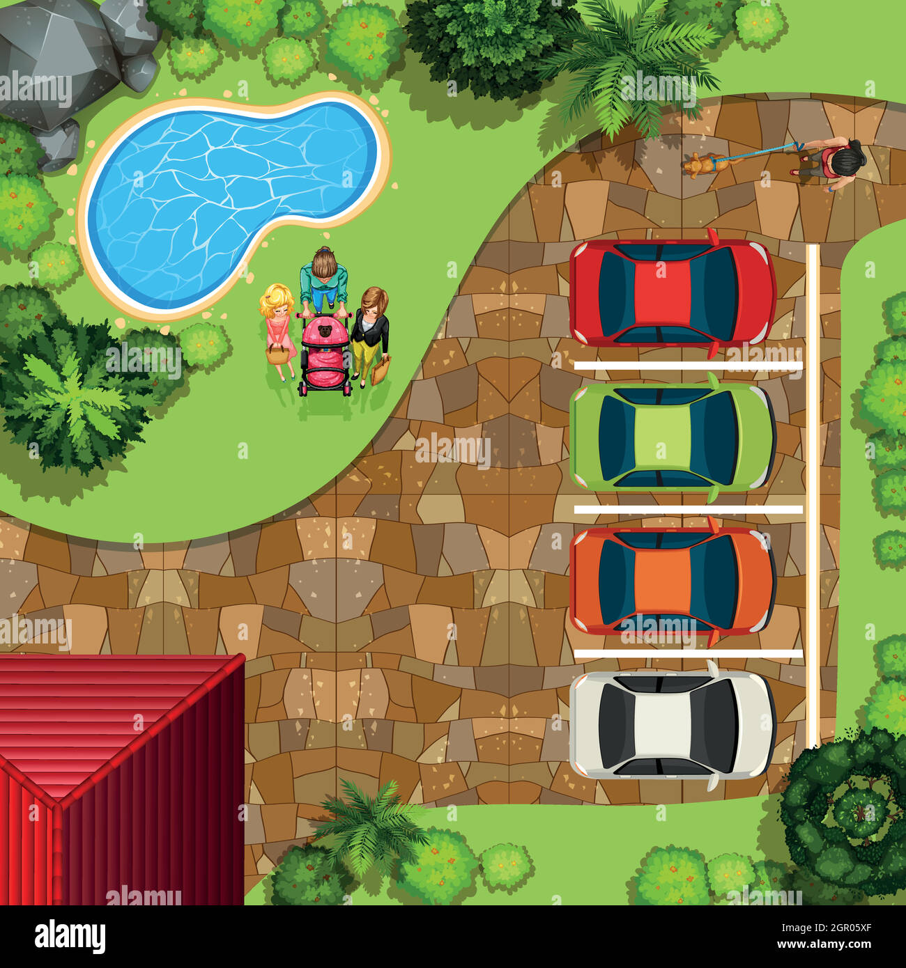 Von oben gesehen Park mit Menschen und Autos Stock Vektor