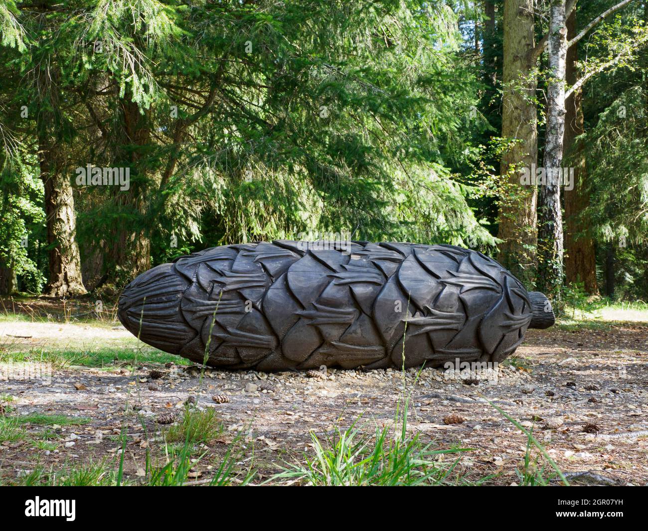 Skulptur eines Kiefernkegels, Teil ‘des Projekts „Unsere Vergangenheit, unsere Zukunft“, eines vom New Forest National Park, Blackwater Arbore, geleiteten Programms des Heritage Lottery Fund Stockfoto