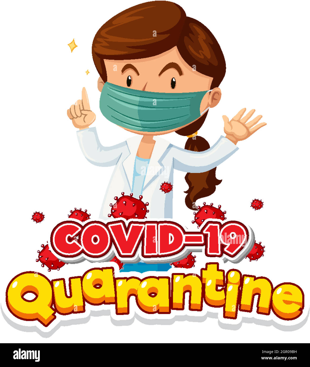 Coronavirus-Poster-Design mit weiblicher Ärztin, die Maske trägt Stock Vektor