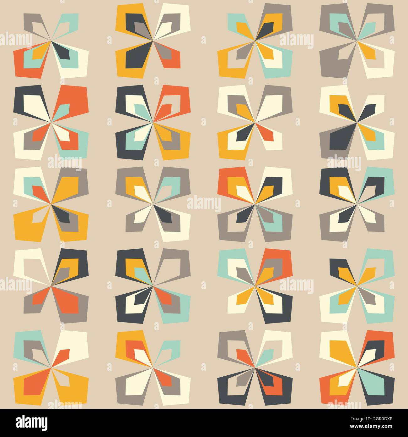 Geometrischer Retro-Hintergrund aus der Mitte des Jahrhunderts. Vintage-Braun, Orange und blaugrün. Nahtlose Blumenmod-Muster, Vektor-Illustration. Abstrakt retro geometr Stock Vektor
