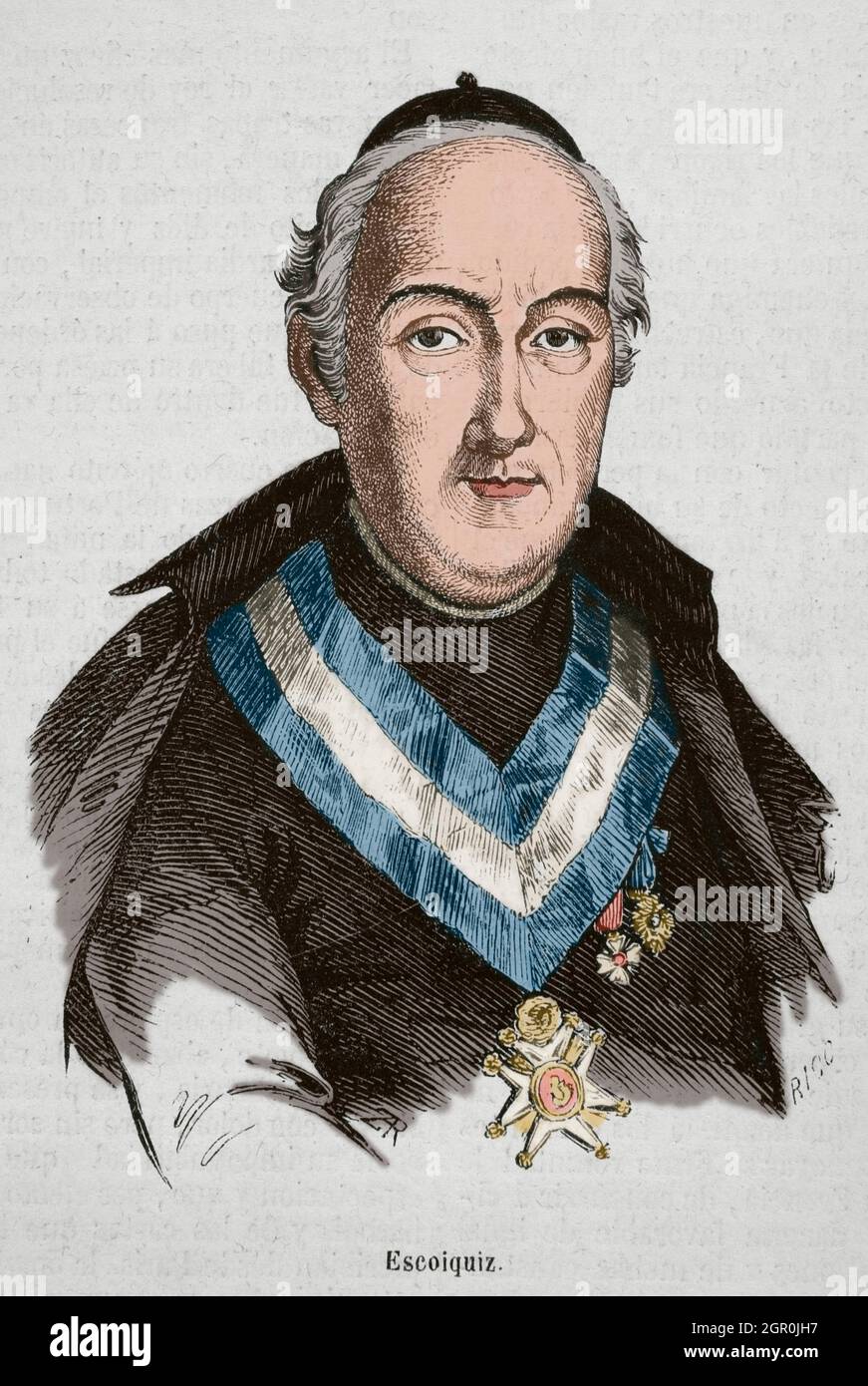 Juan Escoiquiz (1747-1820). Spanischer Schriftsteller, Politiker und Geistlicher. Er war Tutor von Ferdinand VII. Hochformat. Gravur von Rico. Spätere Färbung. Historia General de España von Pater Mariana. Madrid, 1853. Stockfoto