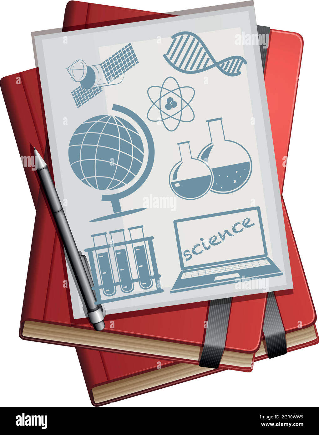 Bücher und Papier mit Wissenschaftssymbolen Stock Vektor