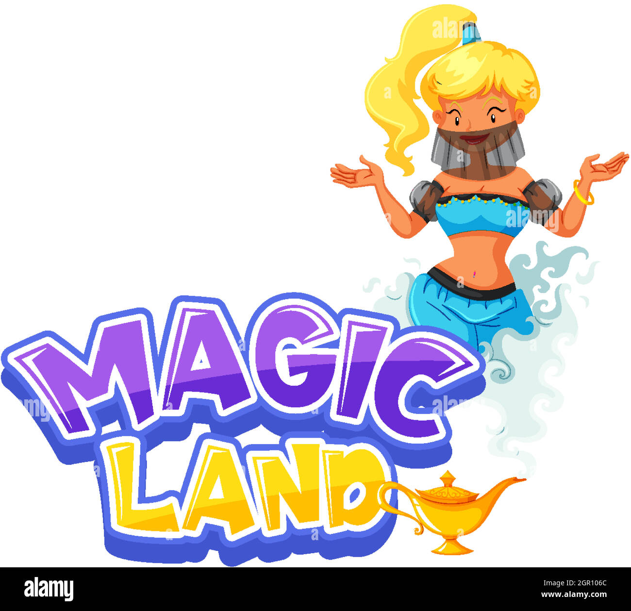 Schriftdesign für Wort Magic Land mit Genie aus der Lampe Stock Vektor