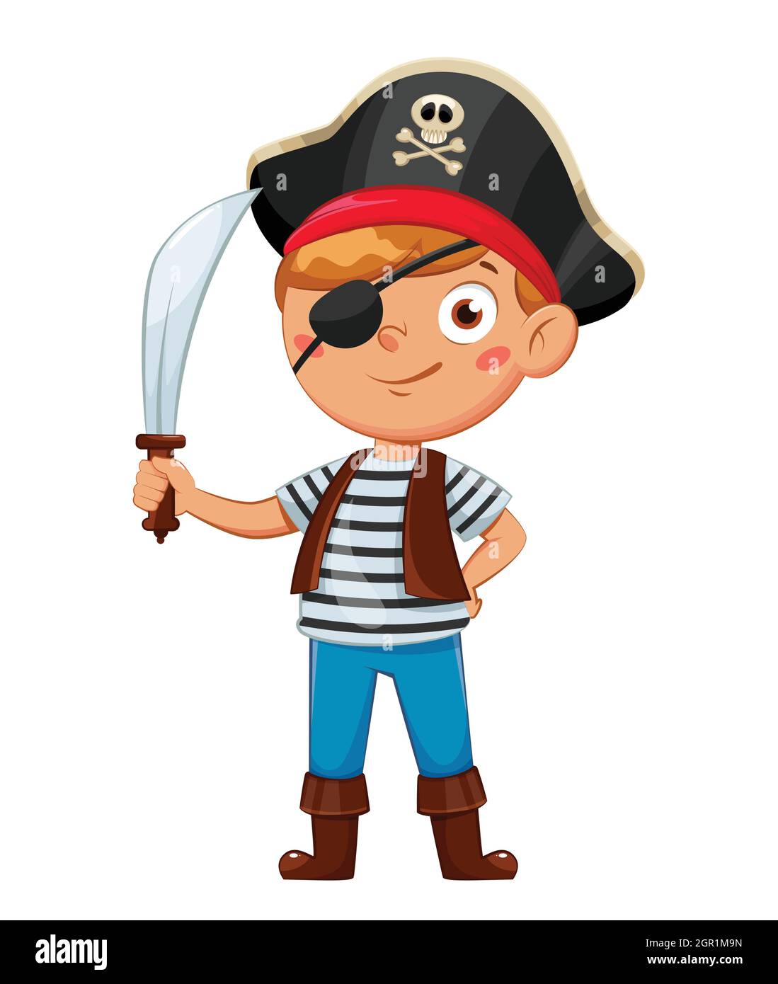 Fröhlicher Junge im Piratenkostüm. Kind in Weihnachten Karneval Kostüm, niedliche Cartoon-Figur. Vektorgrafik auf weißem Hintergrund Stock Vektor
