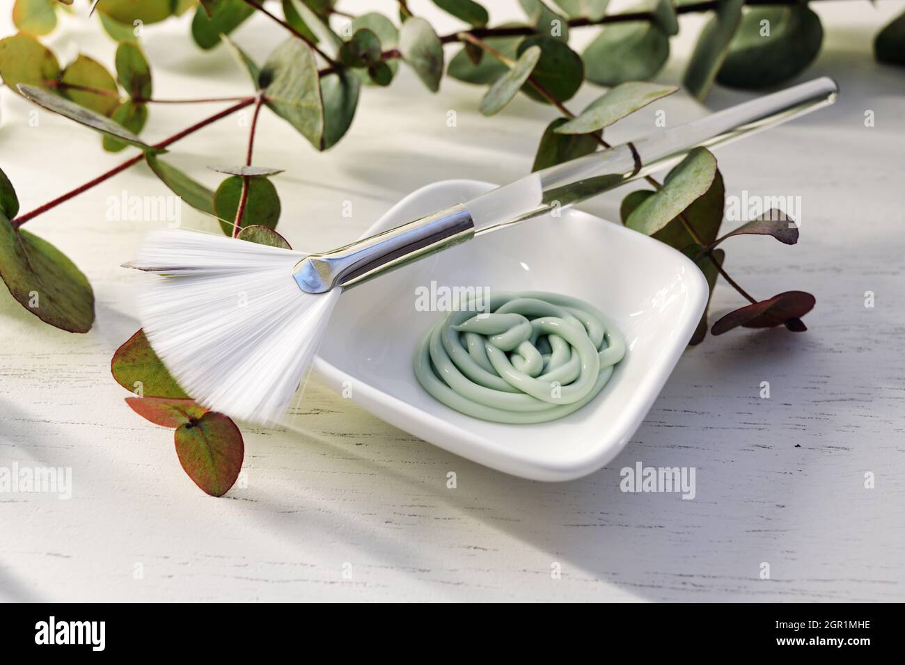 Kleine Schüssel mit cremiger Feuchtigkeitscreme Peeling Maske und einem weißen Pinsel auf einem hellen Holztisch mit grünen Pflanzenzweigen, kosmetisches Konzept, ausgewählte Fokus, na Stockfoto
