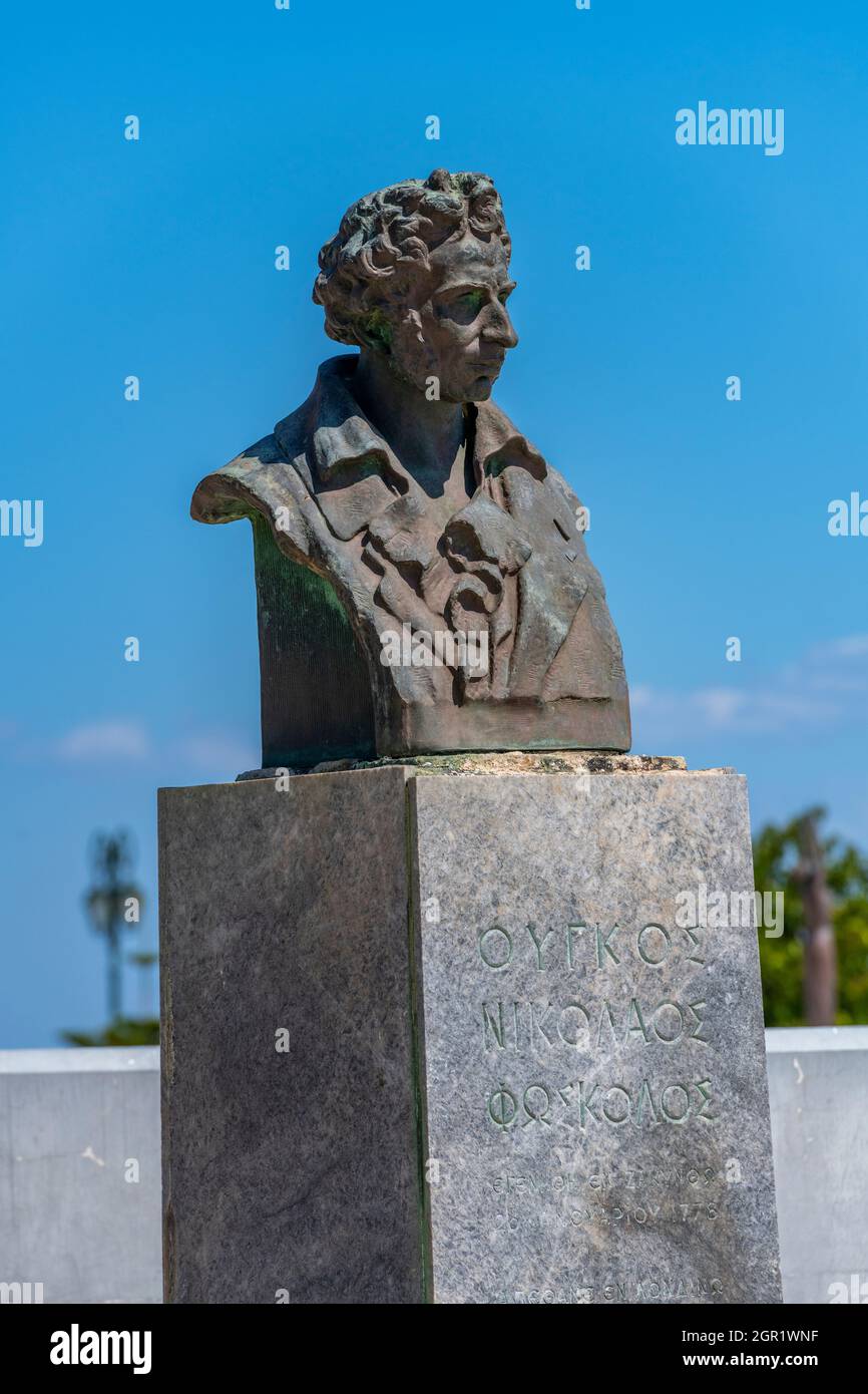 Büste oder Statue von hugo foscolo in solomos Square Zante Stadt zakynthos griechenland. Geschnitzte Büste von hugo foscolo in zakynthos Stadt auf der griechischen Insel. Stockfoto