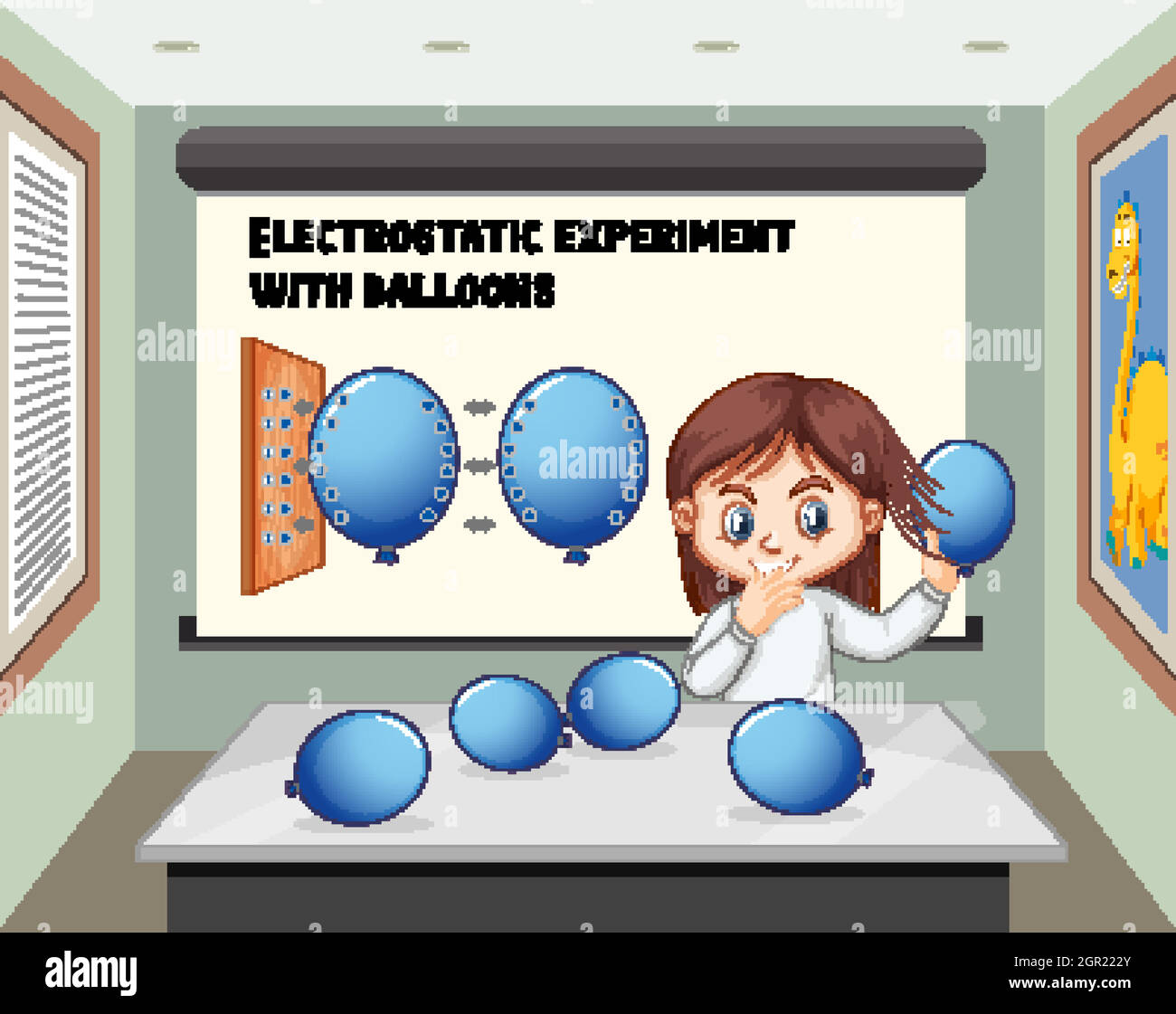 Ein Mädchen, das elektrostatische Experimente mit Ballons im Raum macht Stock Vektor